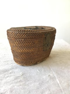 1920s Chinese Wicker and Brass Lunch Basket