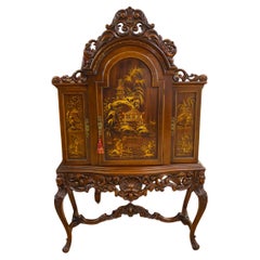 Antique 1920's Chinoiserie Chinese Chippendale Figural China Curio Liquor Cabinet