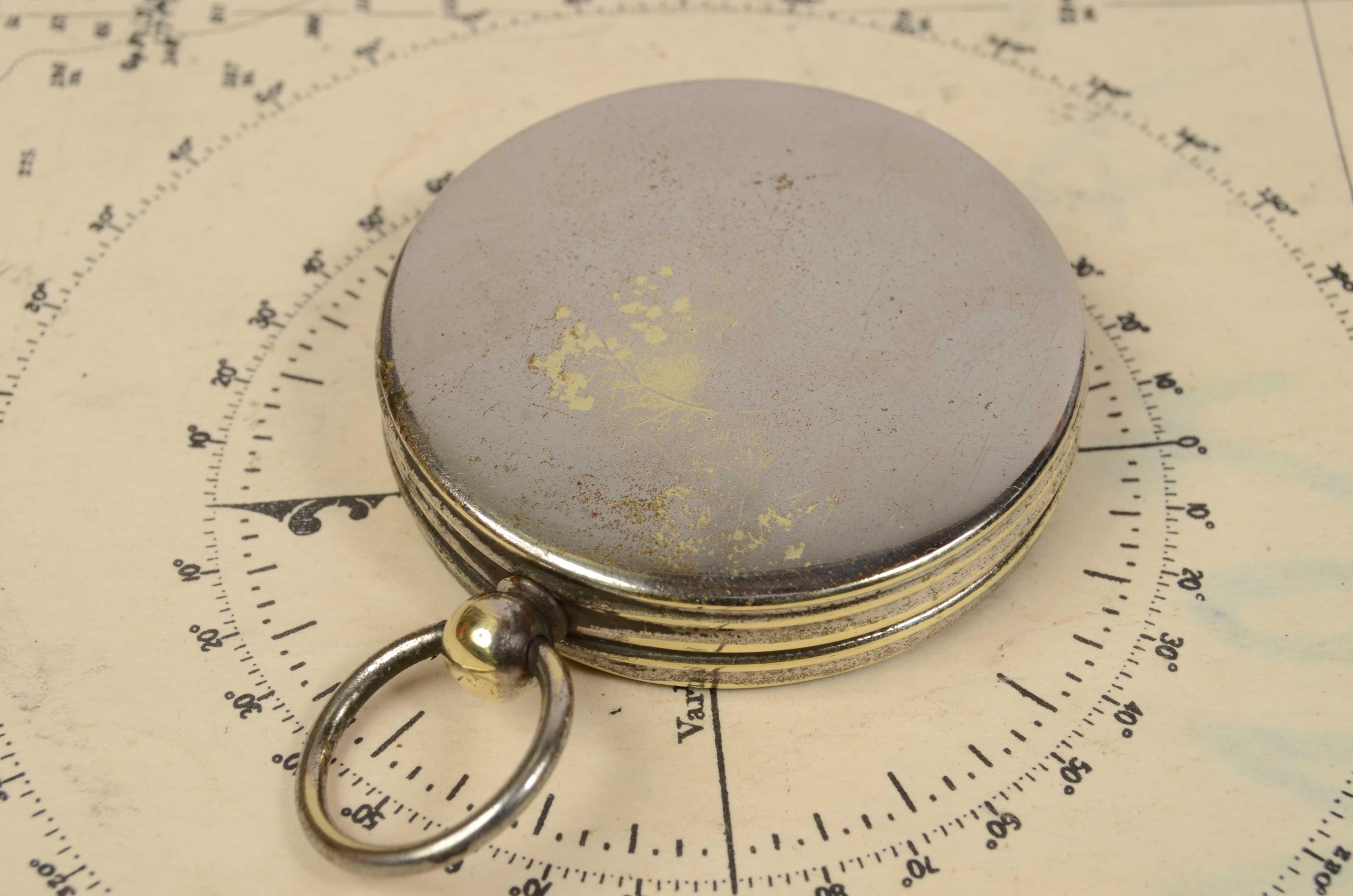 Early 20th Century 1920s Chromed Brass Pocket Compass Antique Travelling Scientific Instrument