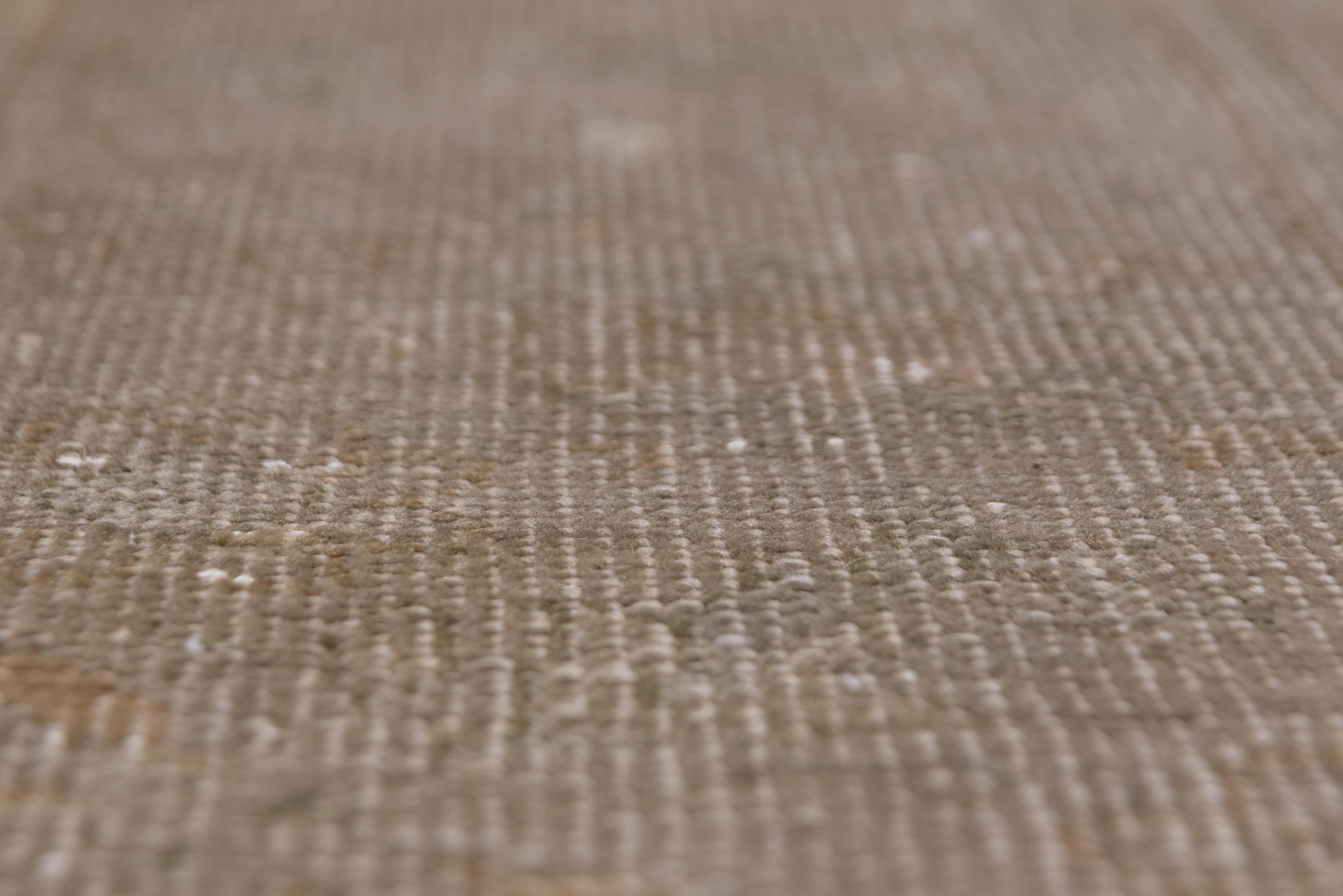 Tappeto da città a trama grossa dai toni tenui, quasi monocromatico, con un disegno a medaglione quasi in ombra. Beige con accenti di marrone chiaro. Condizioni abbastanza buone.