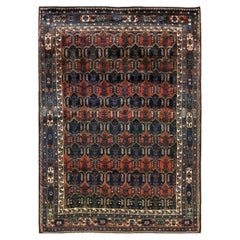 1920s Classic Blue Navy Geometric Antique Malayer Handknotted Wool Carpet Rug