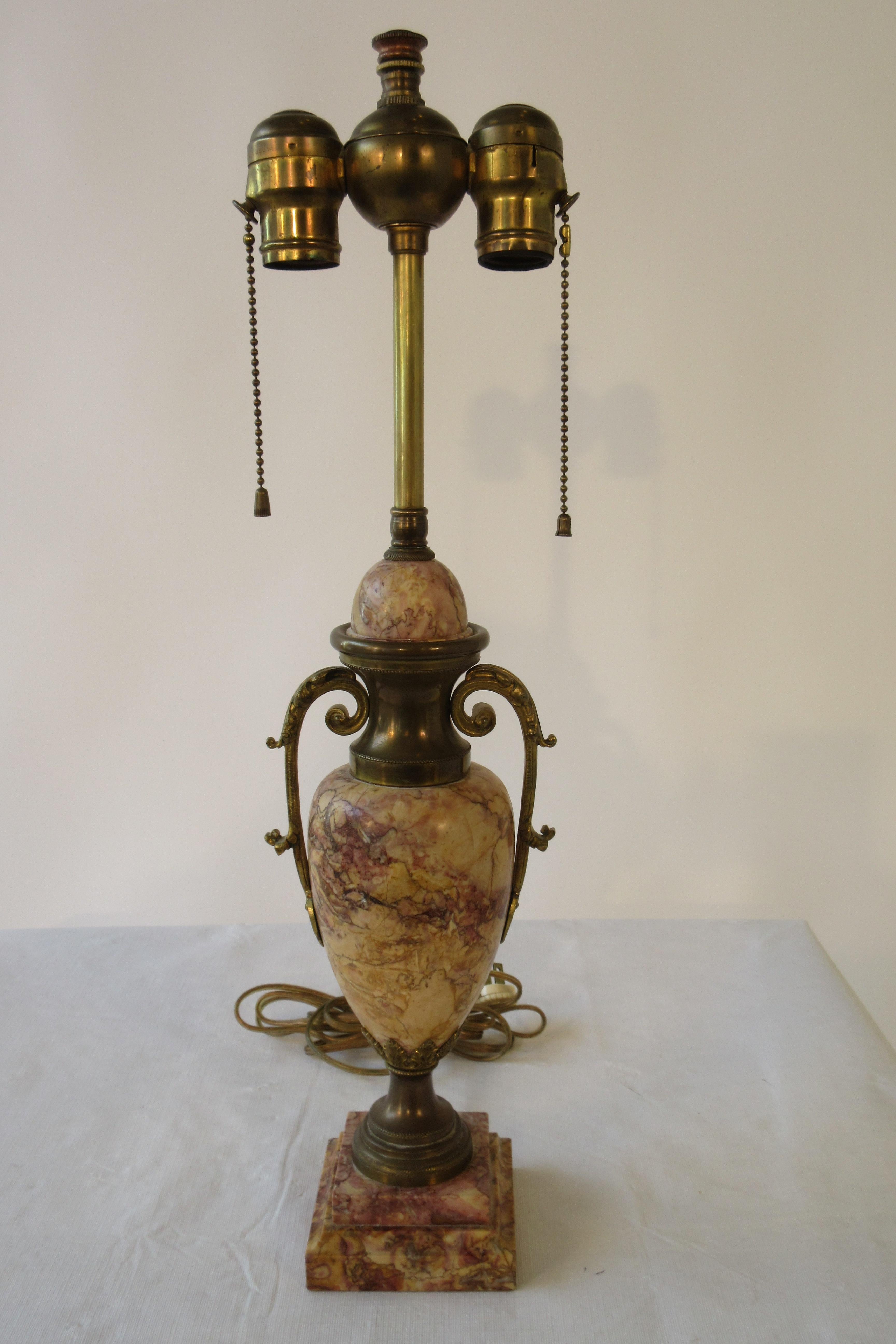 1920s classical marble lamp with brass accents. Lamp needs to be rewired.