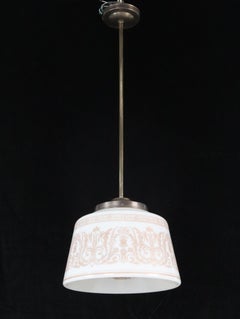 1920s Classical Stenciled Milk Glass Drum Pendant Light