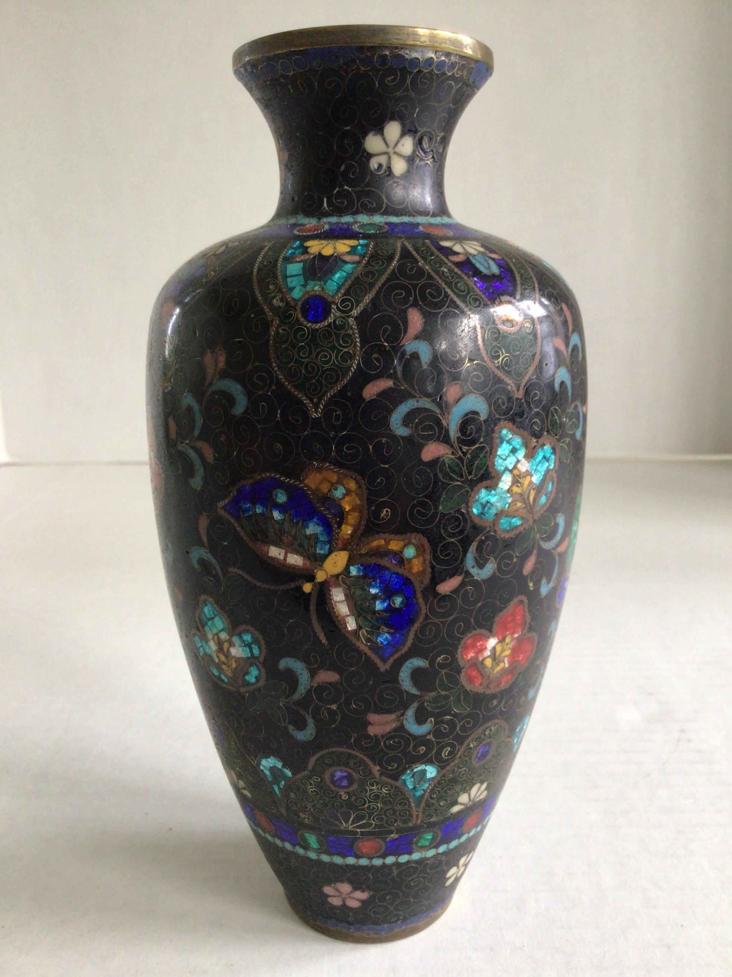 1920s Cloisonné Vase with Flowers and Butterflies
