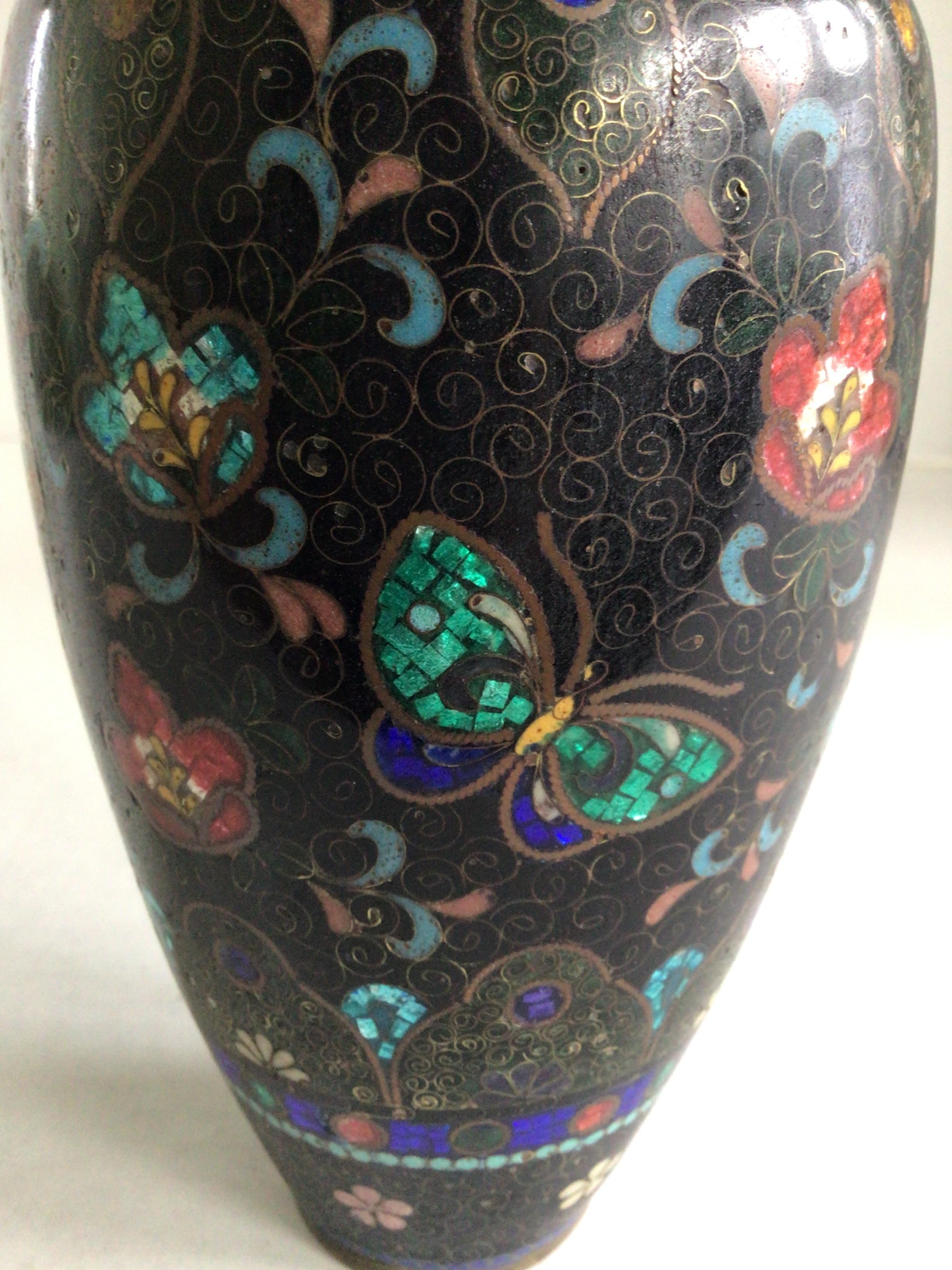 Cloissoné 1920s Cloisonné Vase with Flowers and Butterflies For Sale