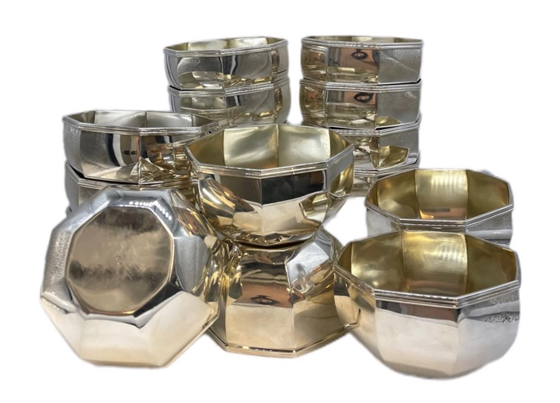 A complete set of 16 sterling silver (950 Silver) French bowls by Tetard Freres from the 1920s. The bowls are octagonally shaped. Very clean and pure art-deco design and marked on the bottom by the maker. Tetard Frerer is famous for their elegant,