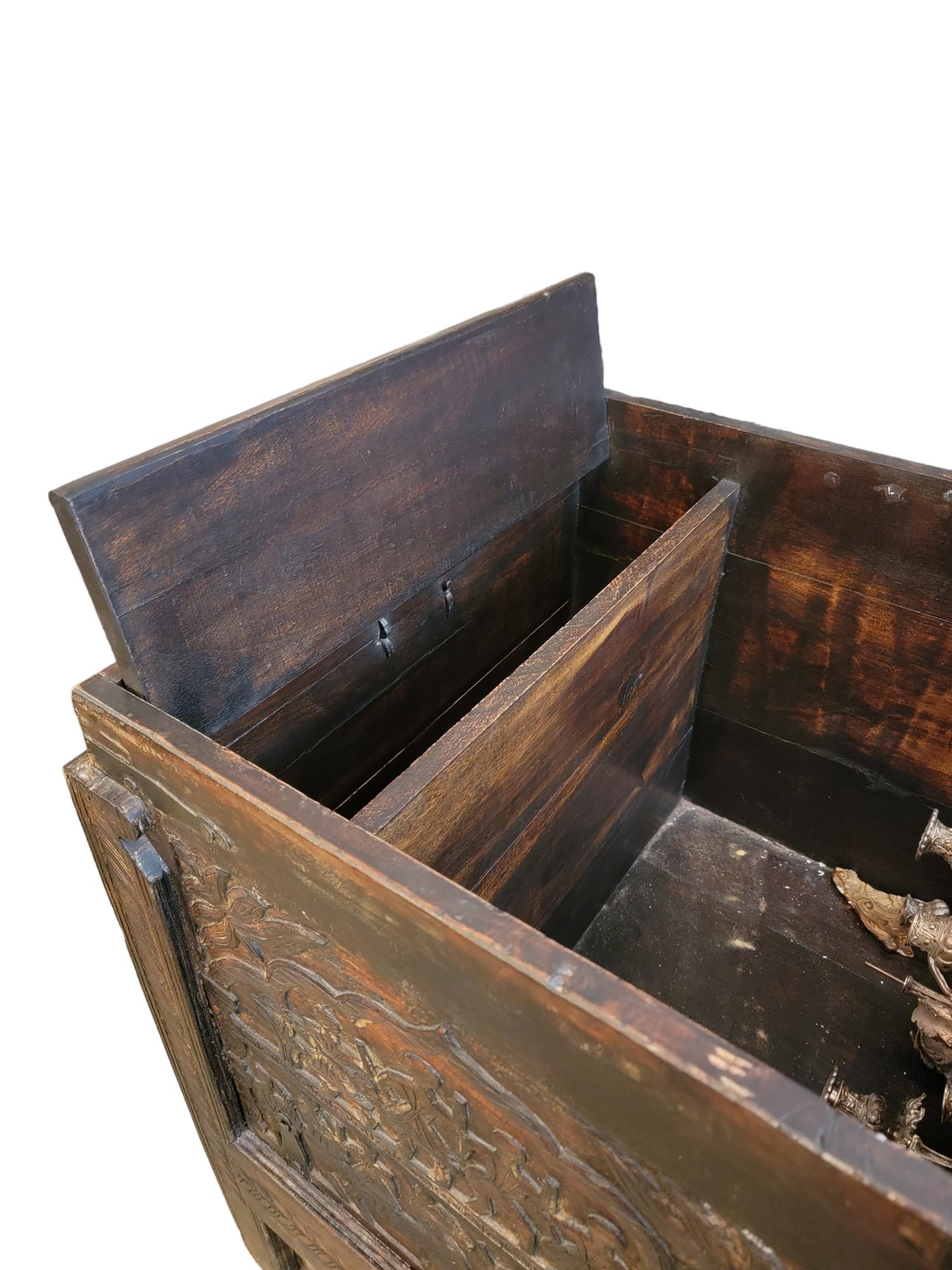 Iron 1920s Continental Wooden Chest With Wooden Rollers For Sale
