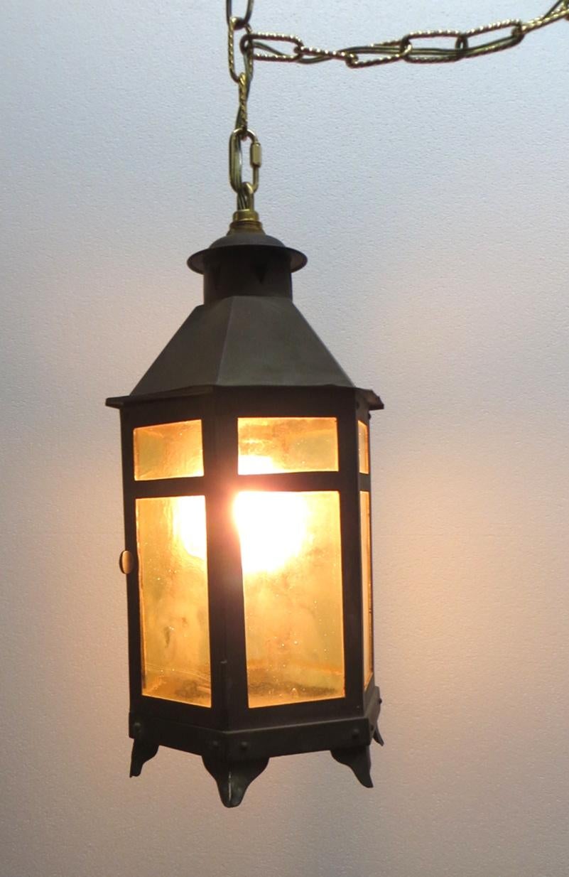 Arts and Crafts 1920s Copper and Amber Glass Arts & Crafts Hanging Lantern