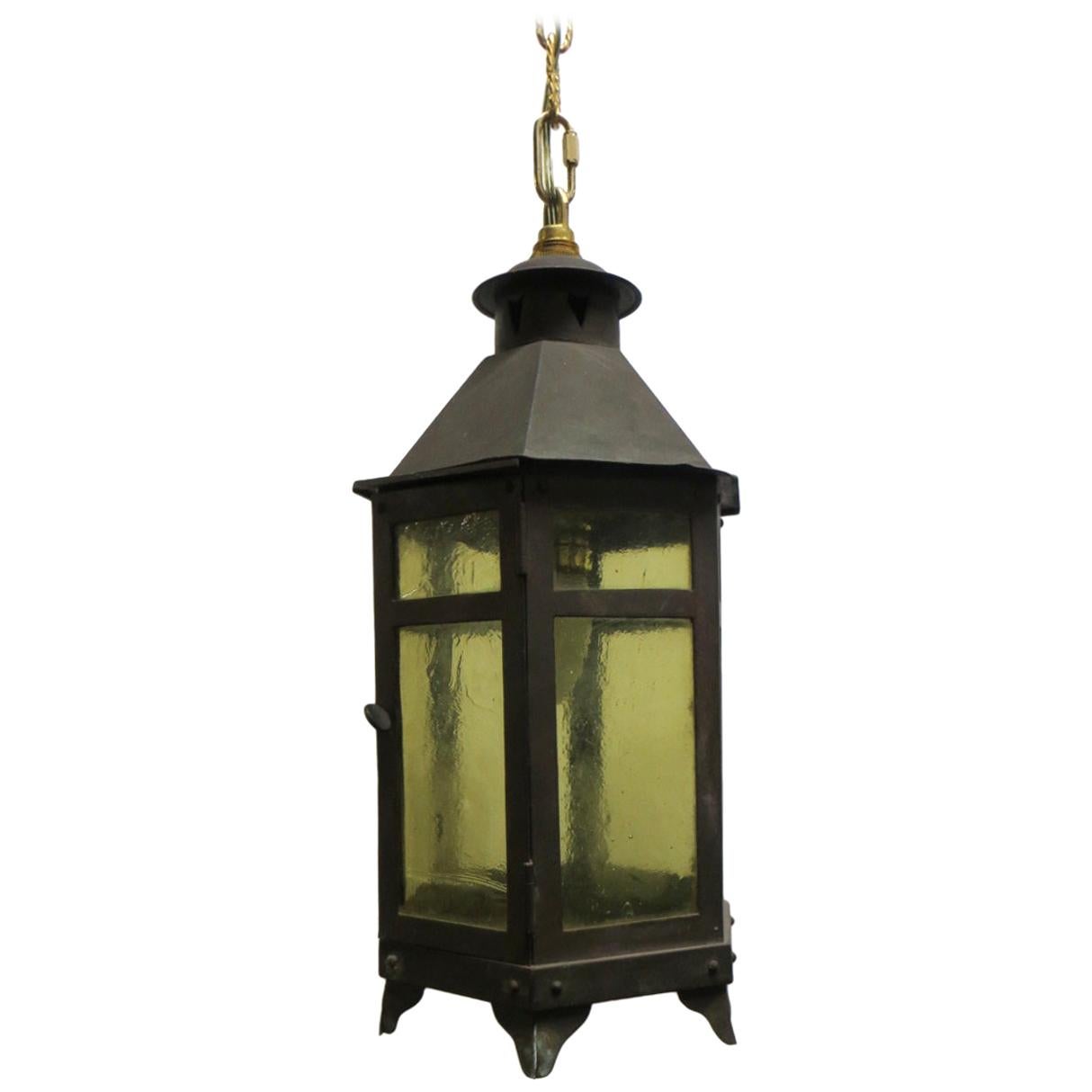 1920s Copper and Amber Glass Arts & Crafts Hanging Lantern