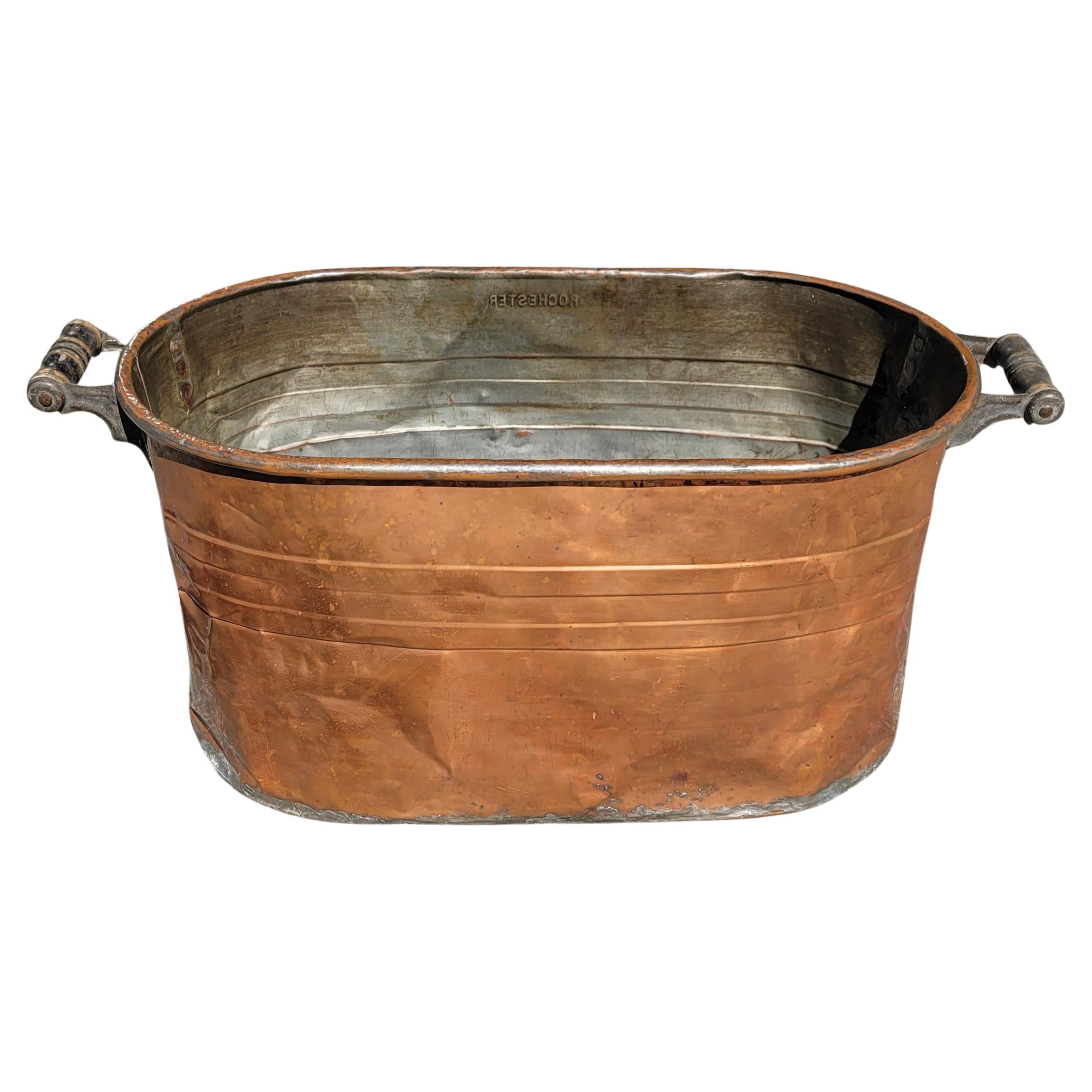 1920s, Copper Boiler Wash Tub Pot with Wood Handles as Planter