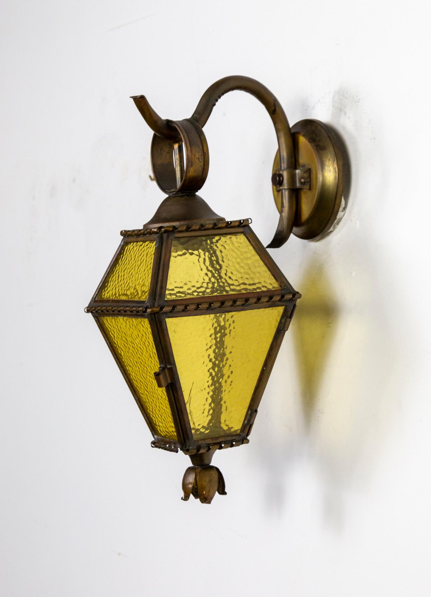 1920s Copper, Brass & Amber Glass Scroll Arm Sconces, 'Pair' (3 sets available) 5