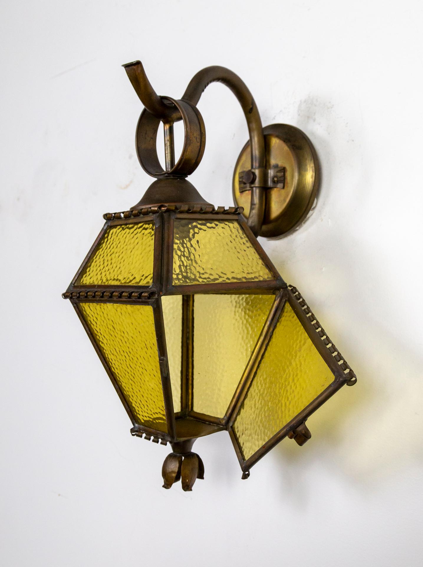 Arts and Crafts 1920s Copper, Brass & Amber Glass Scroll Arm Sconces, 'Pair' (3 sets available)