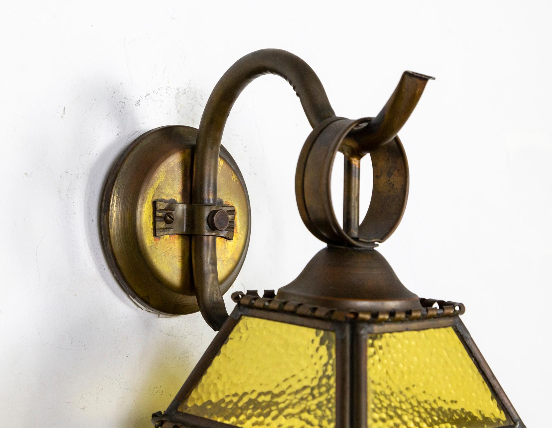 20th Century 1920s Copper, Brass & Amber Glass Scroll Arm Sconces, 'Pair' (3 sets available)