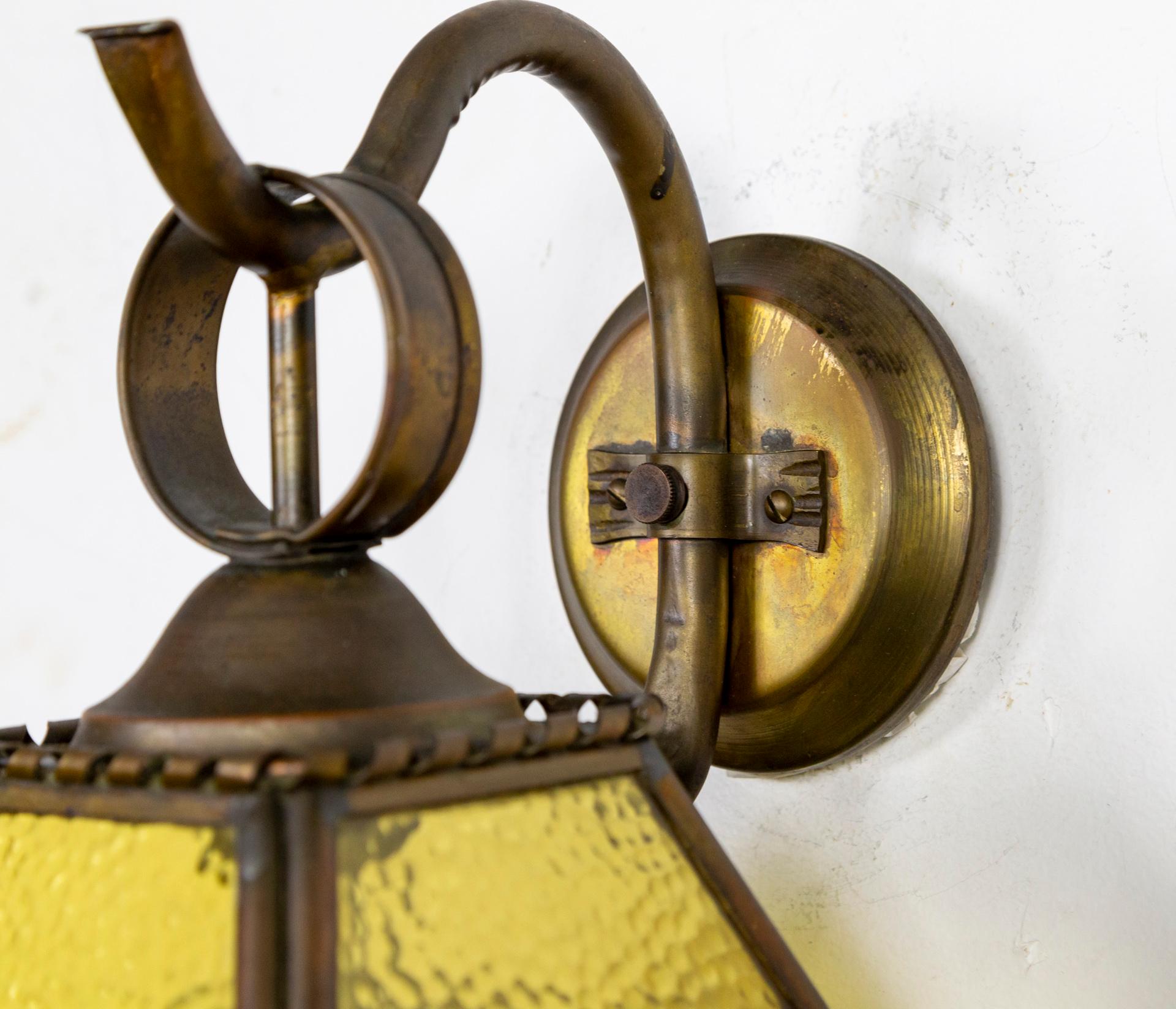 1920s Copper, Brass & Amber Glass Scroll Arm Sconces, 'Pair' (3 sets available) 1