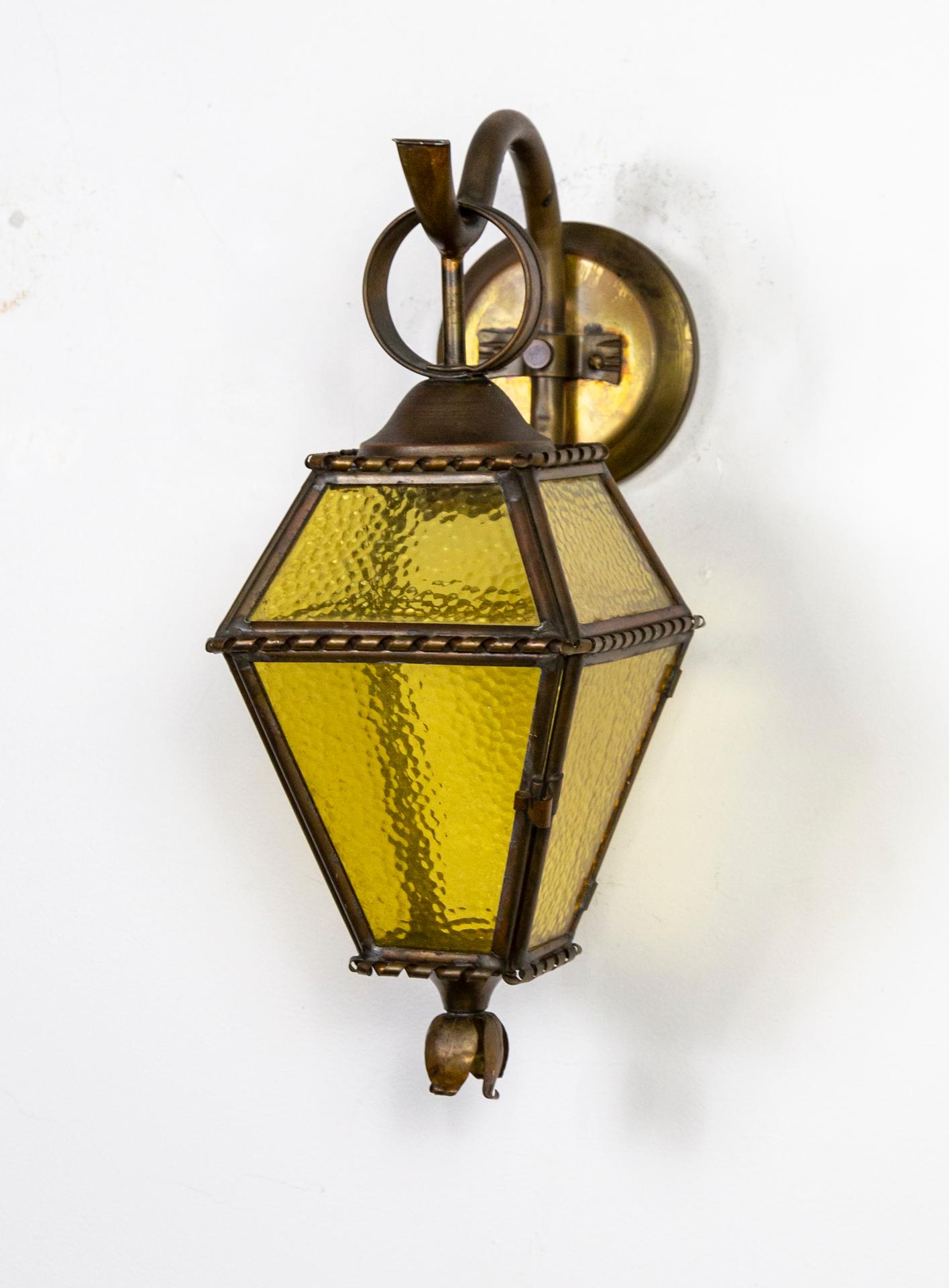 1920s Copper, Brass & Amber Glass Scroll Arm Sconces, 'Pair' (3 sets available) 3