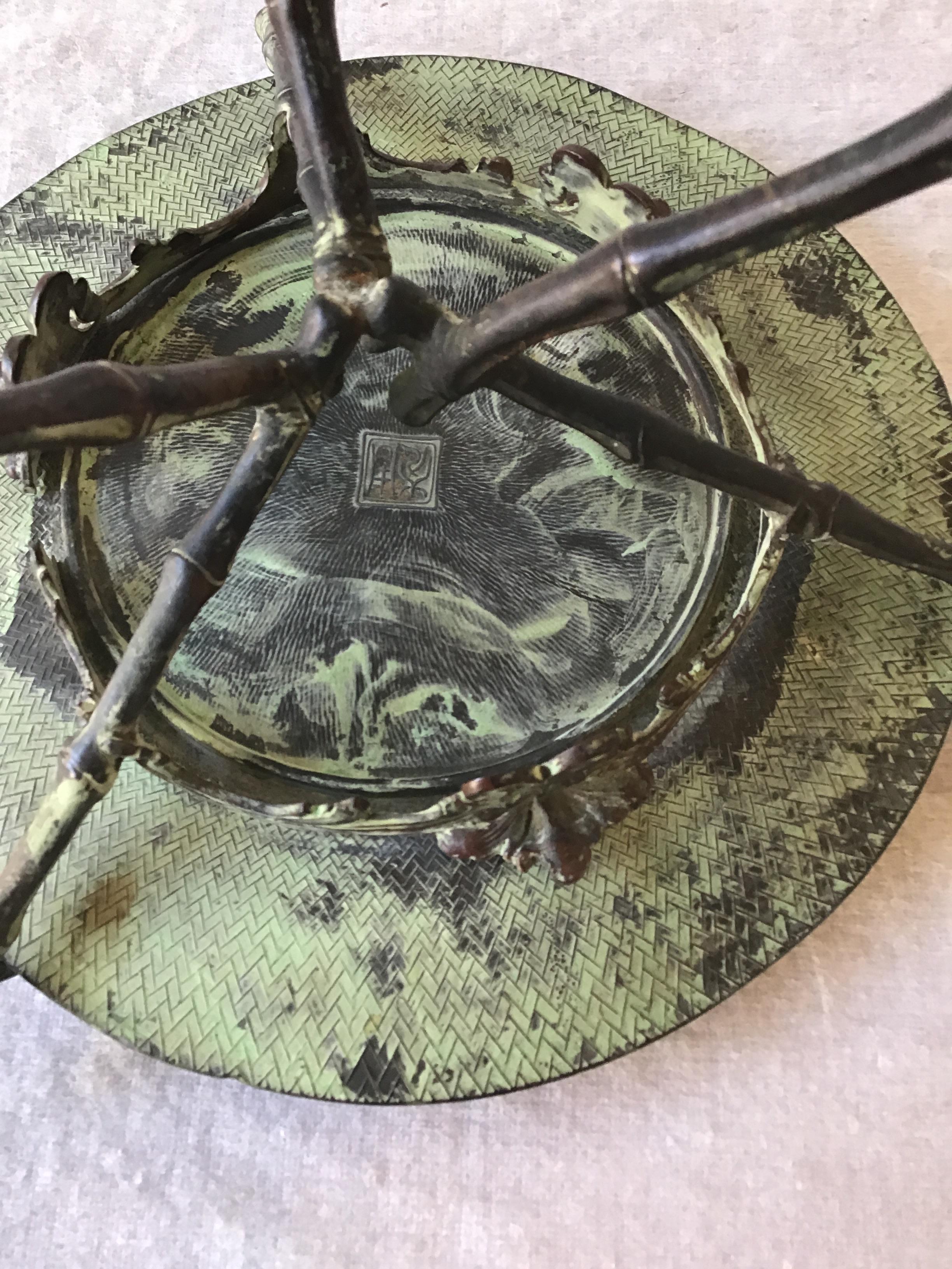 1920s Copper Stamped Dish Or Disc With Patina On Copper Faux Bamboo Stand For Sale 5