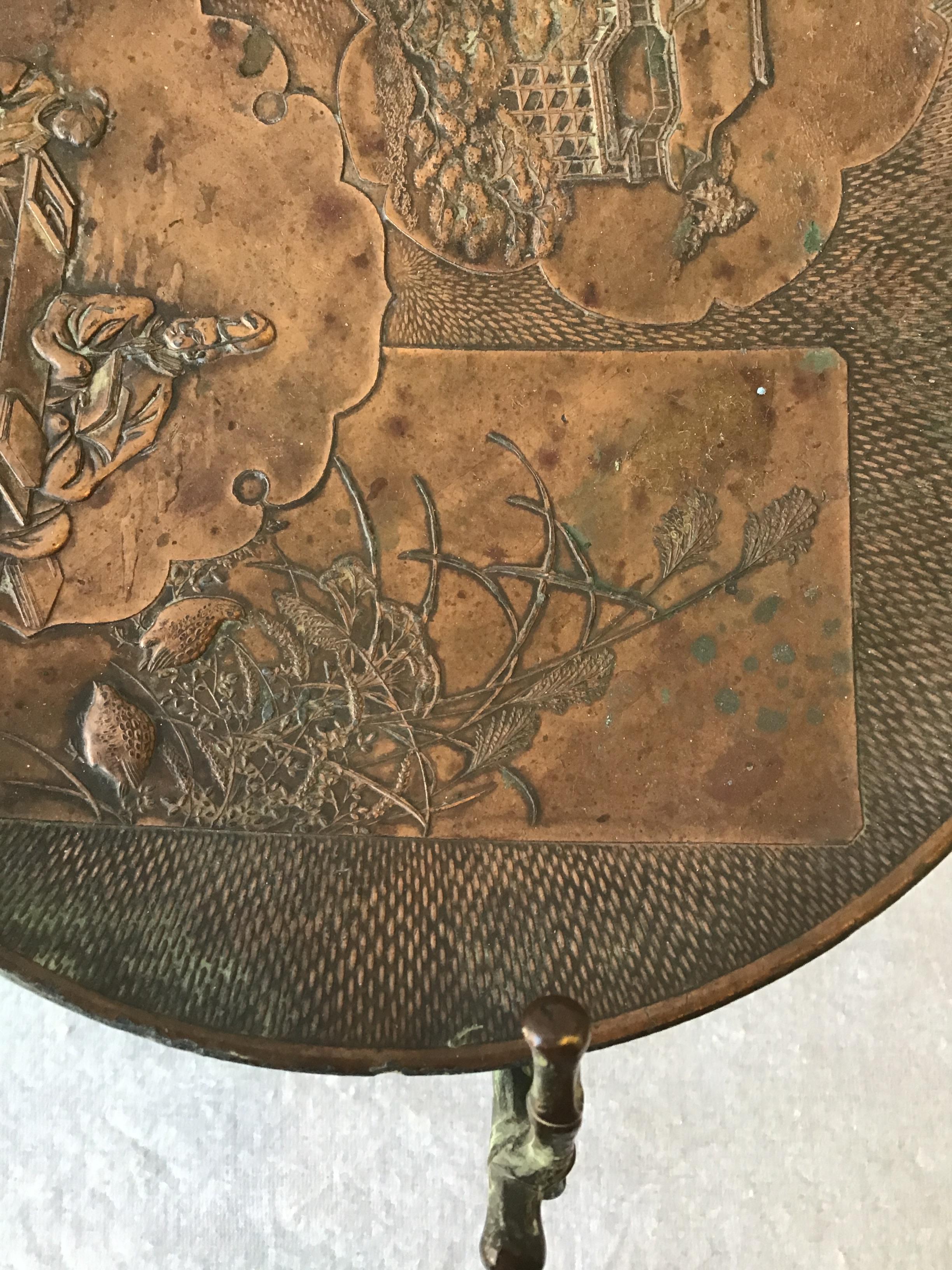 1920s Copper Stamped Dish Or Disc With Patina On Copper Faux Bamboo Stand For Sale 1