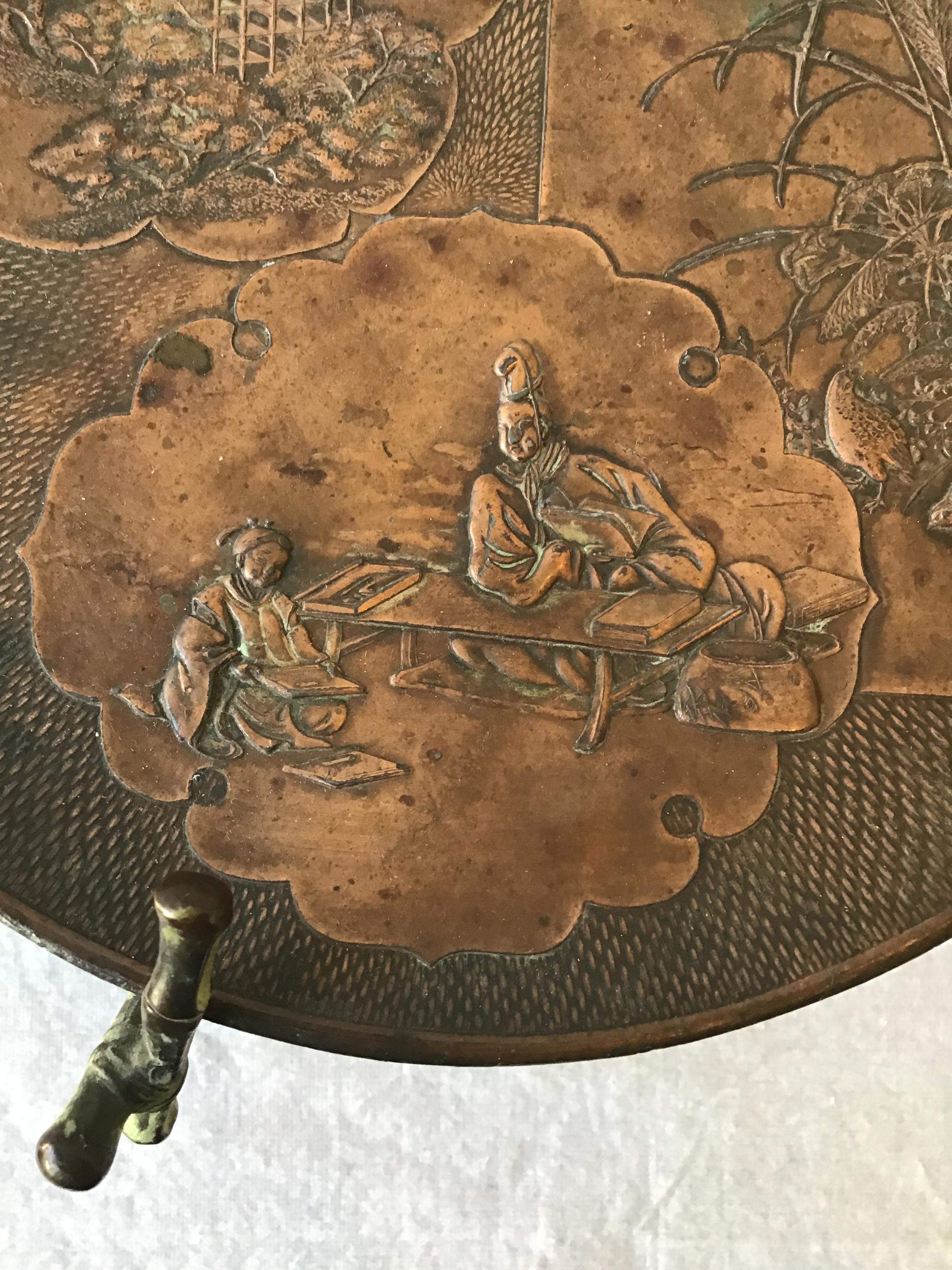 1920s Copper Stamped Dish Or Disc With Patina On Copper Faux Bamboo Stand For Sale 2