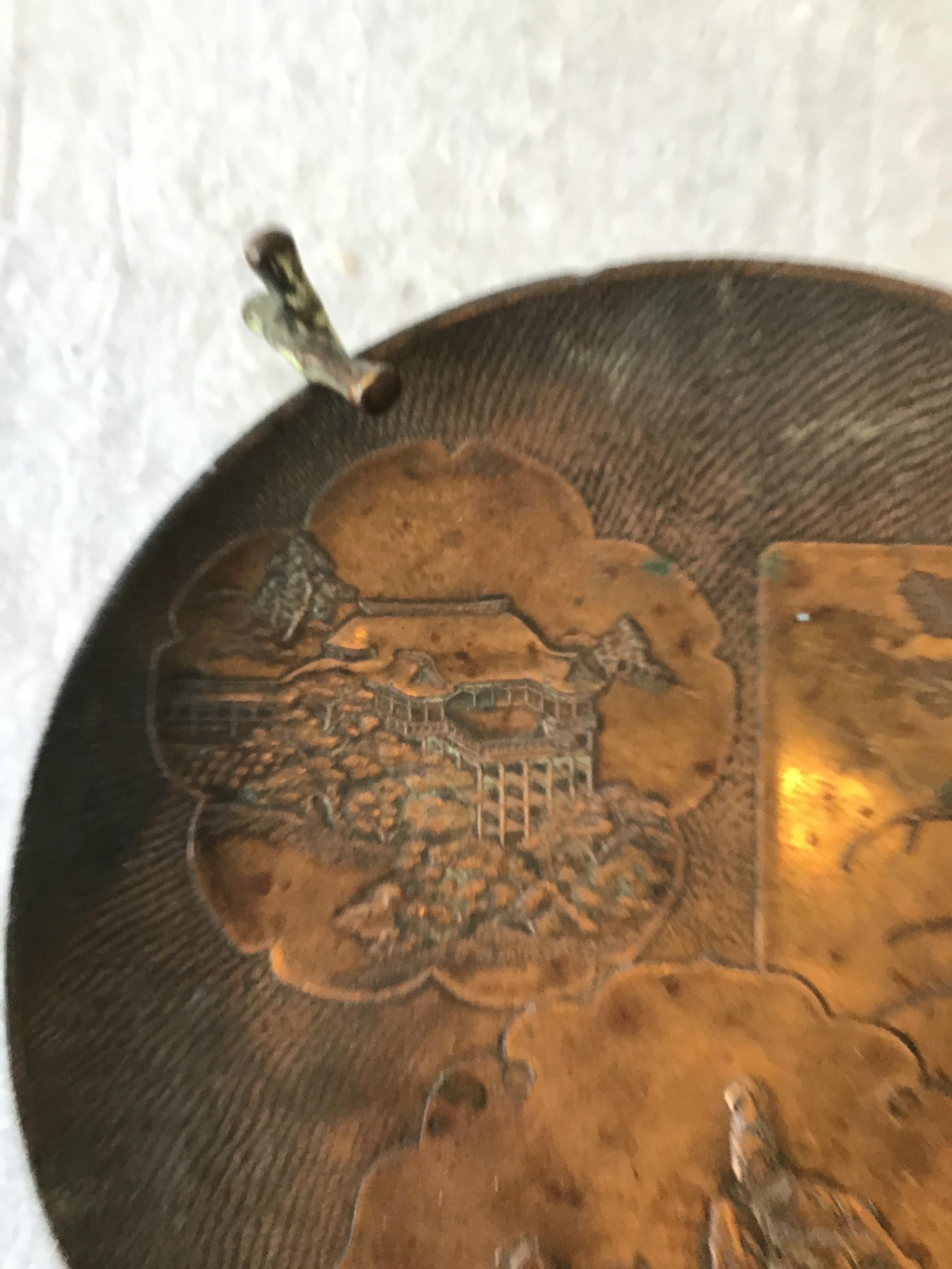 1920s Copper Stamped Dish Or Disc With Patina On Copper Faux Bamboo Stand For Sale 3