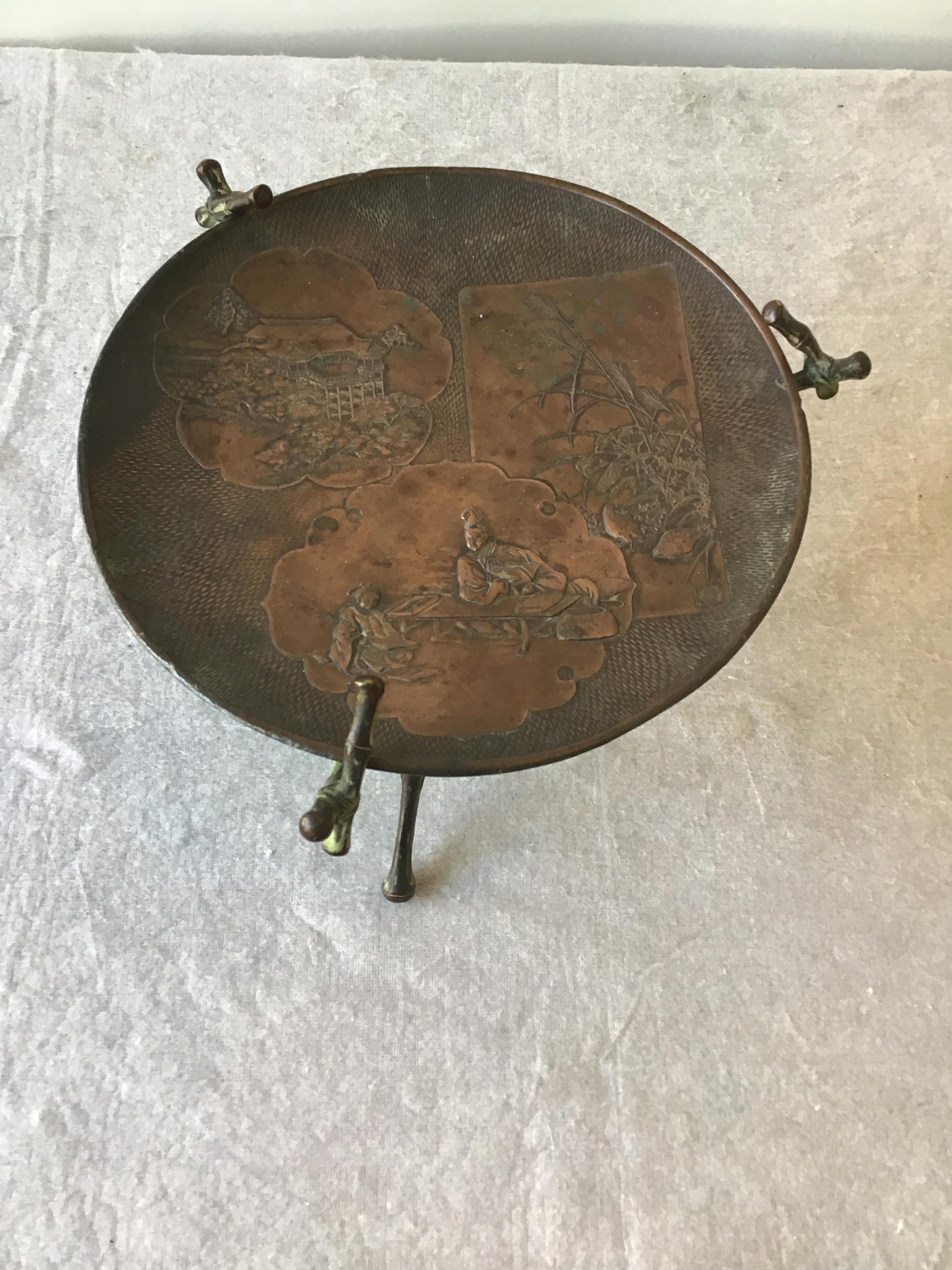 1920s Copper Stamped Dish Or Disc With Patina On Copper Faux Bamboo Stand For Sale 4