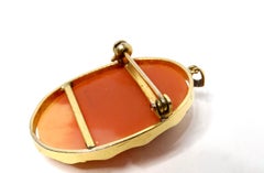 1920s Coral Cameo 18k Gold Shell Oval Brooch Pendant