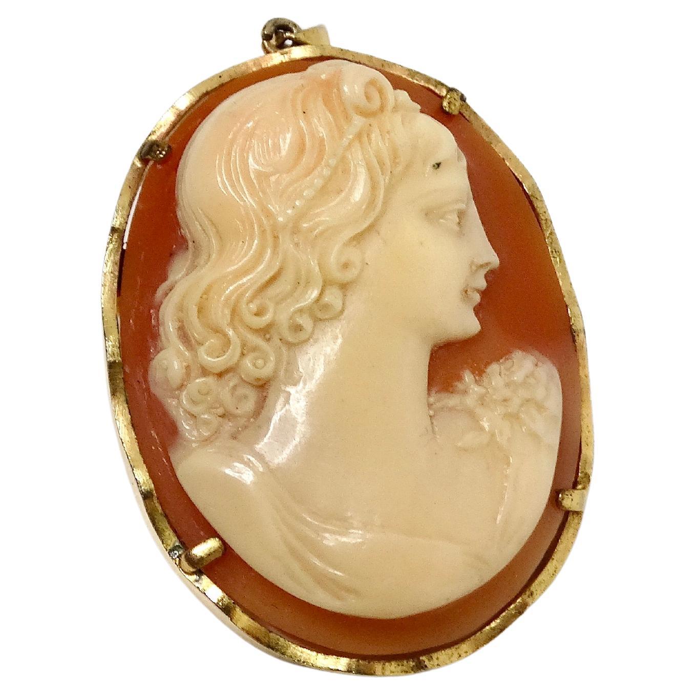 1920s Coral Cameo 18k Gold Shell Oval Brooch Pendant