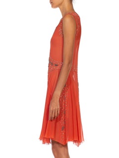 1920S Coral Silk Chiffon Crystal Beaded Flapper Cocktail Dress