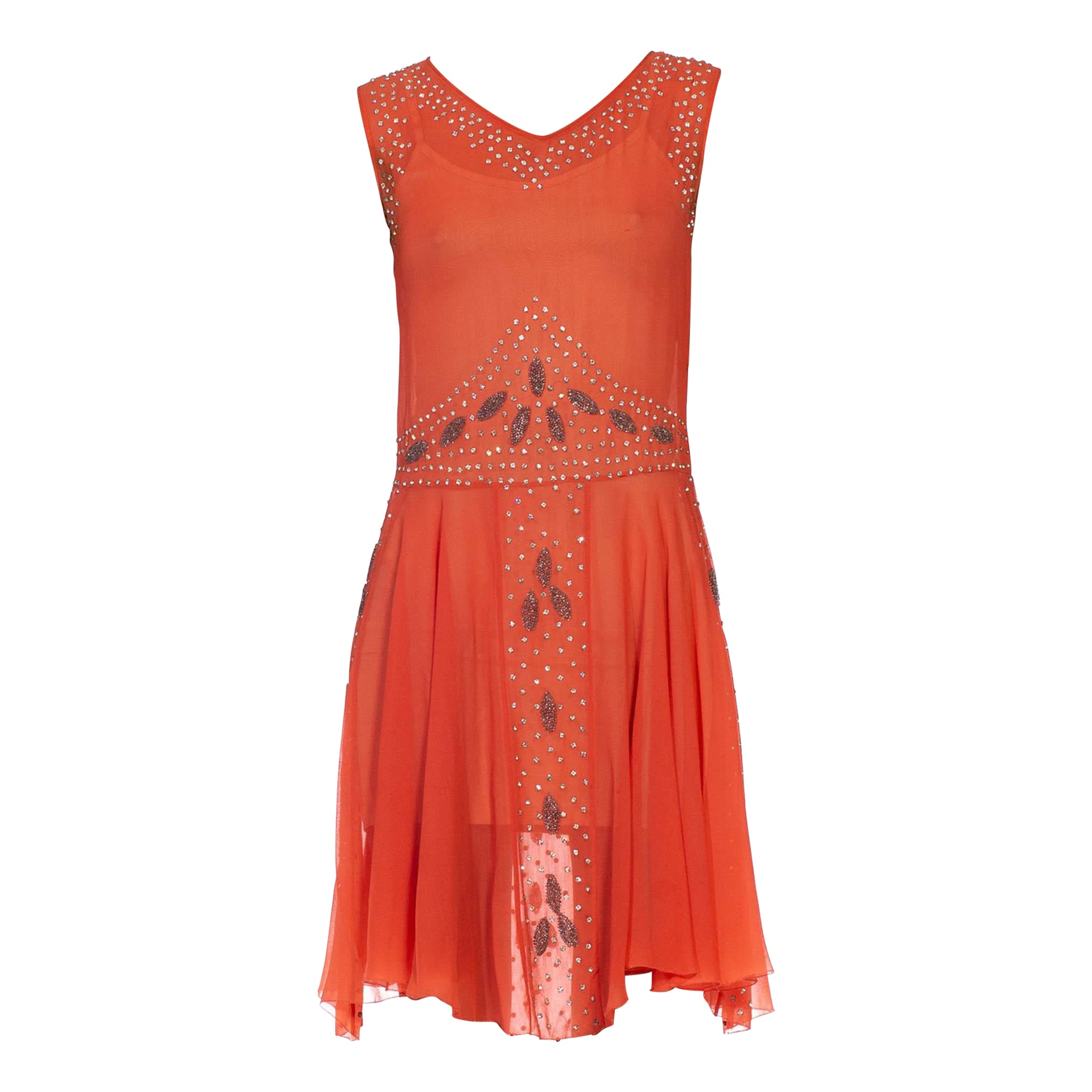 Cocktailkleid aus Koralle, Seide und Chiffon mit Kristallperlen aus den 1920er Jahren