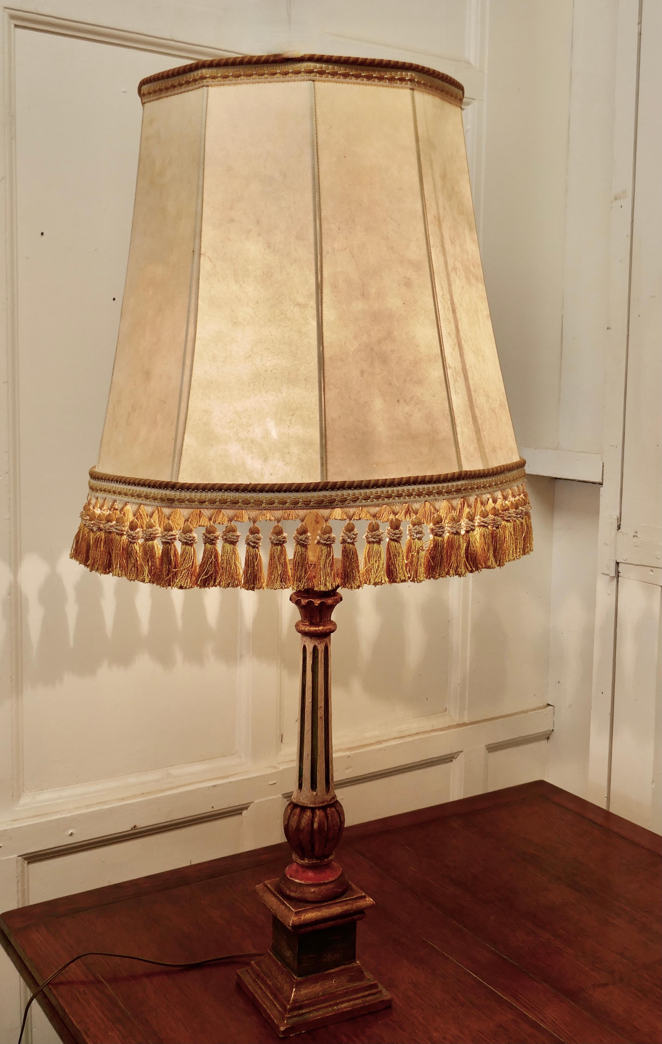 1920s Corinthian column painted lamp, Vellum Shade

This an attractive painted lamp, the lamp has a fluted Column which is painted in Gold, Green and Cream, the paint has now aged in colour and developed a charming faded finish, the lamp has its