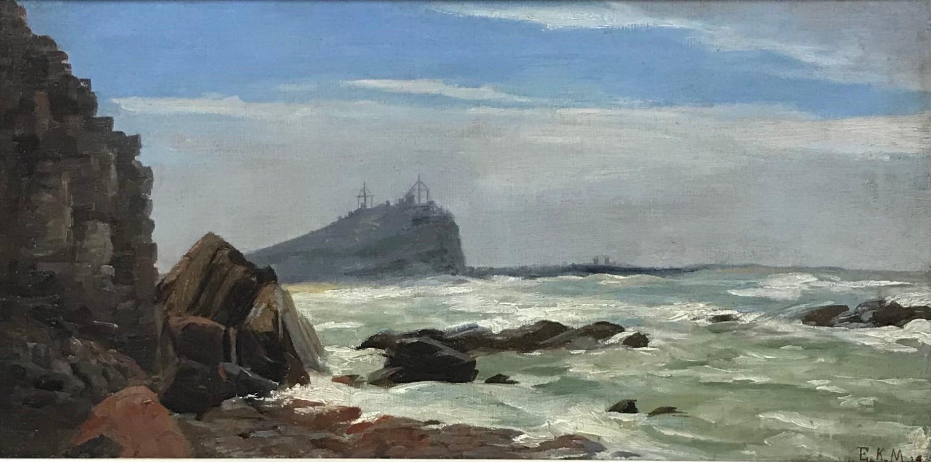 Cornish Coastal Seascape with Tin Mines overlooking Cliffs, signed English Oil - Painting by 1920's Cornish
