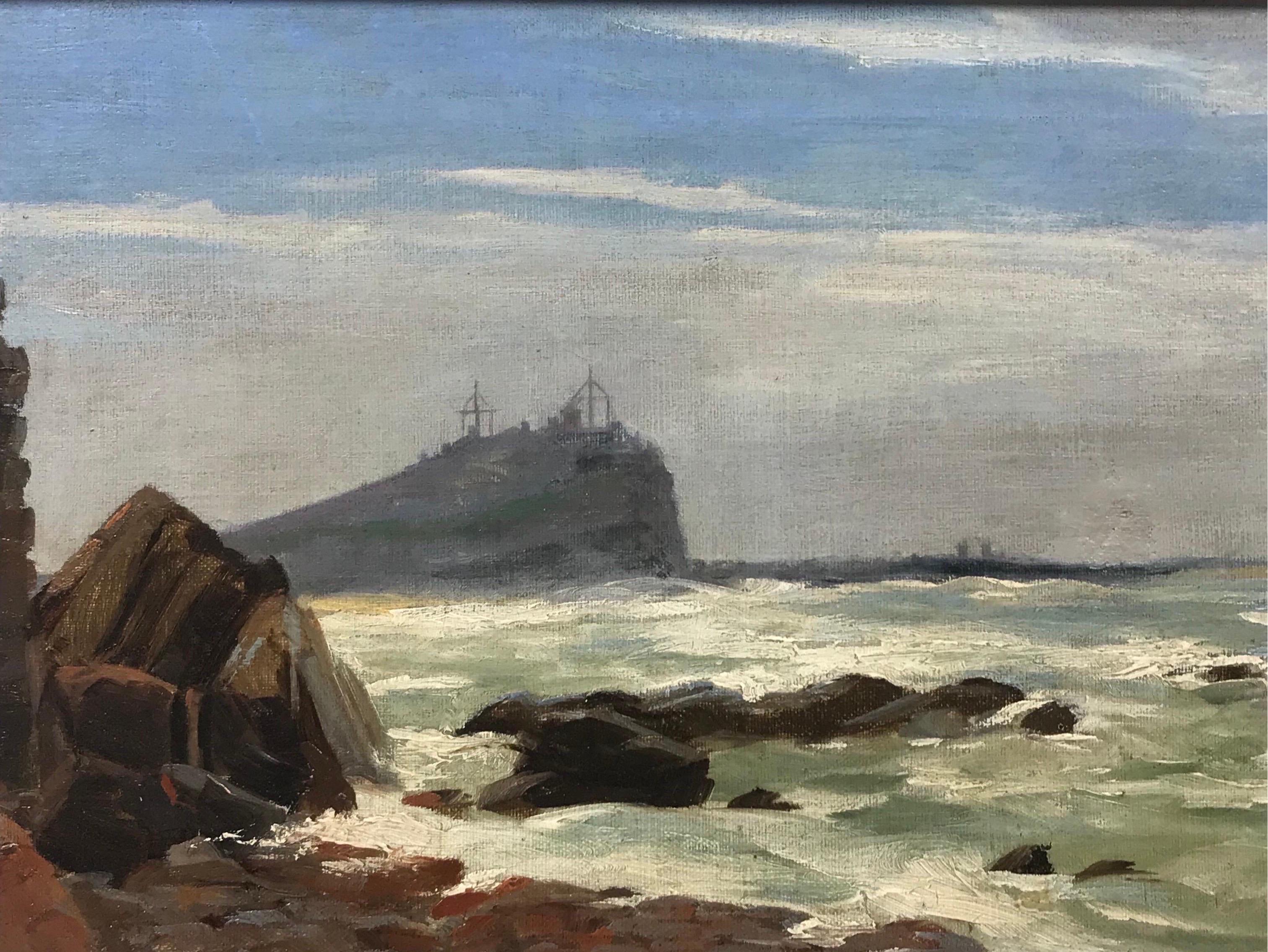 Paesaggio marino costiero della Cornovaglia con miniere di stagno che si affacciano sulle scogliere, olio inglese firmato - Painting Vittoriano di 1920's Cornish