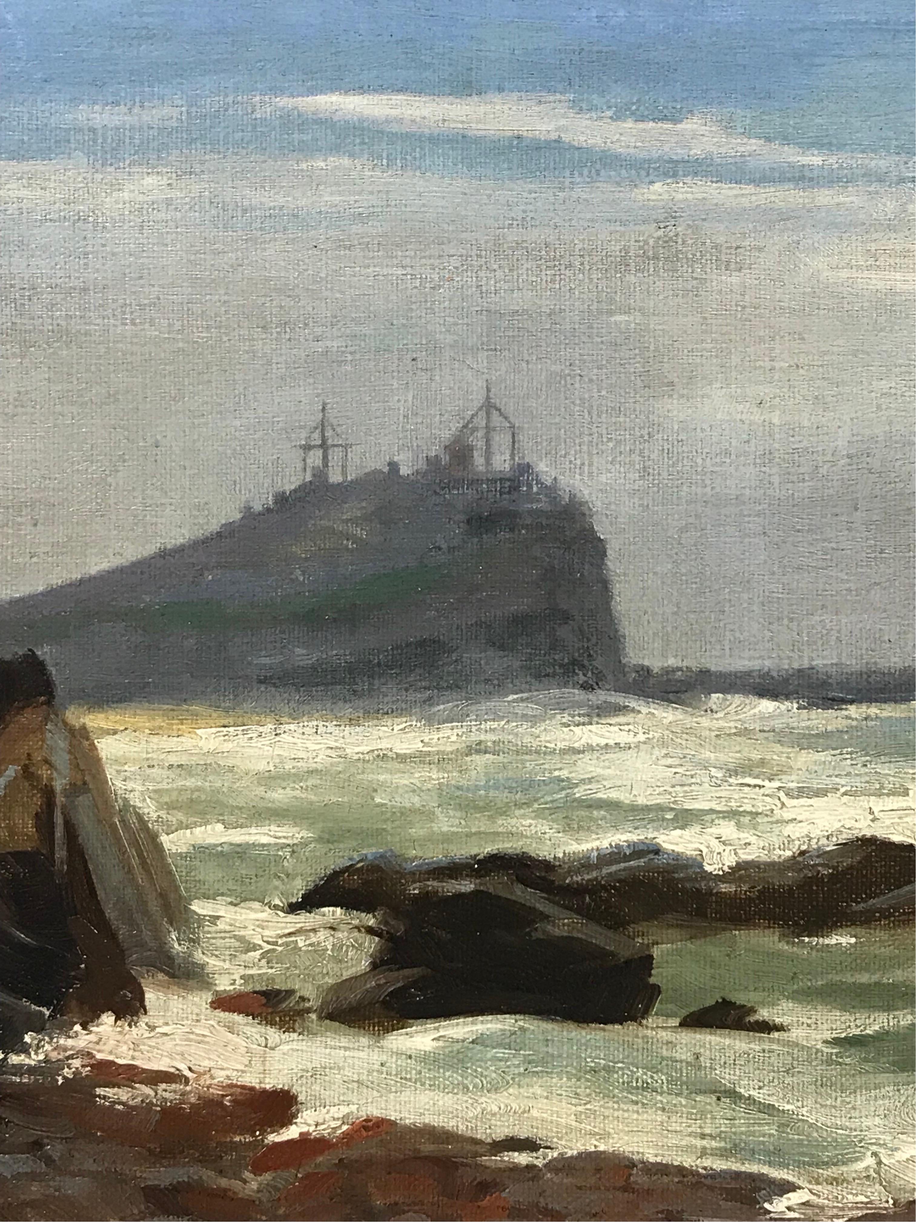 Cornish Coastal Seascape with Tin Mines overlooking Cliffs, signed English Oil - Victorian Painting by 1920's Cornish