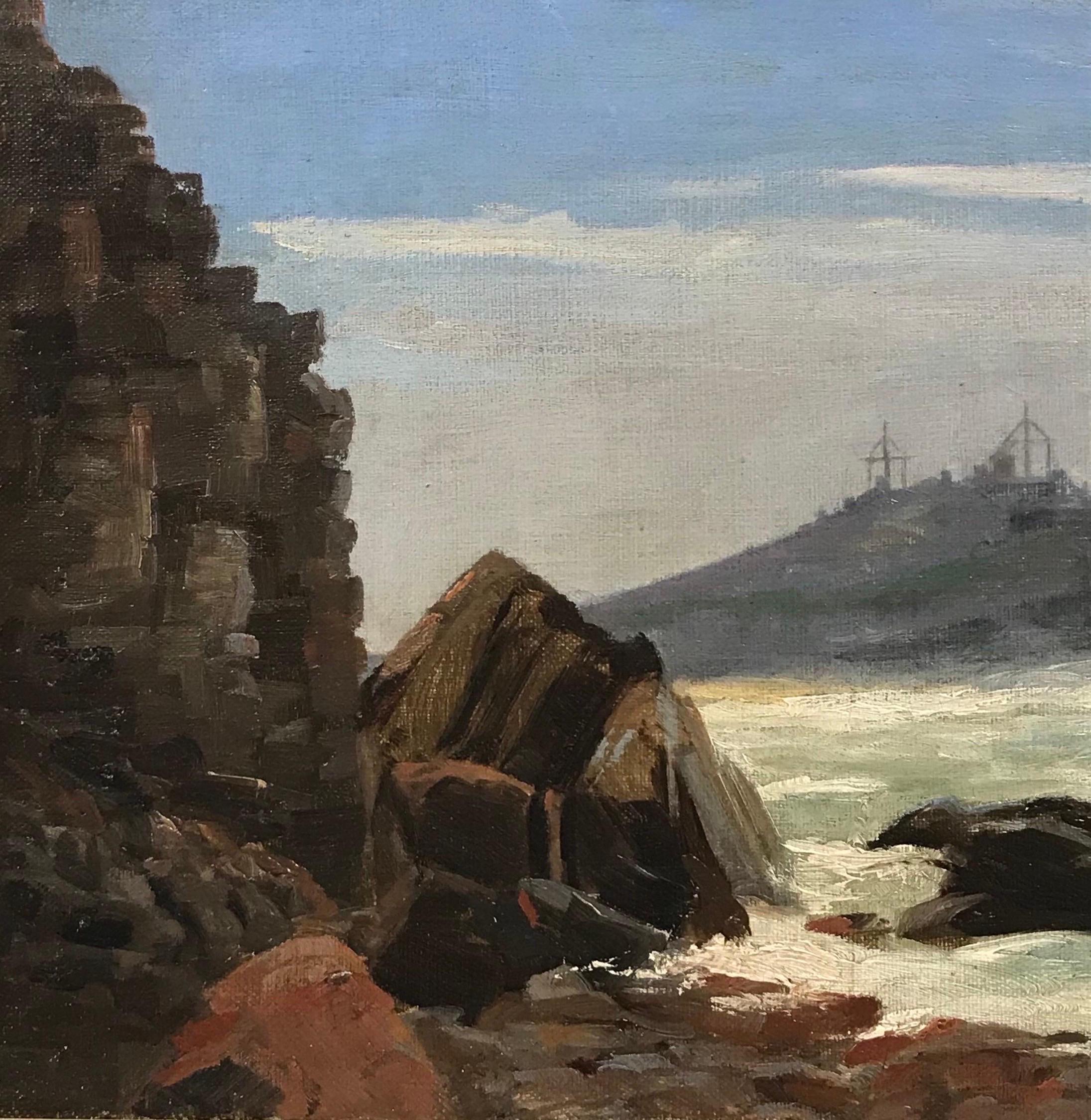 Cornish Coastal Seascape with Tin Mines overlooking Cliffs, signed English Oil - Gray Landscape Painting by 1920's Cornish