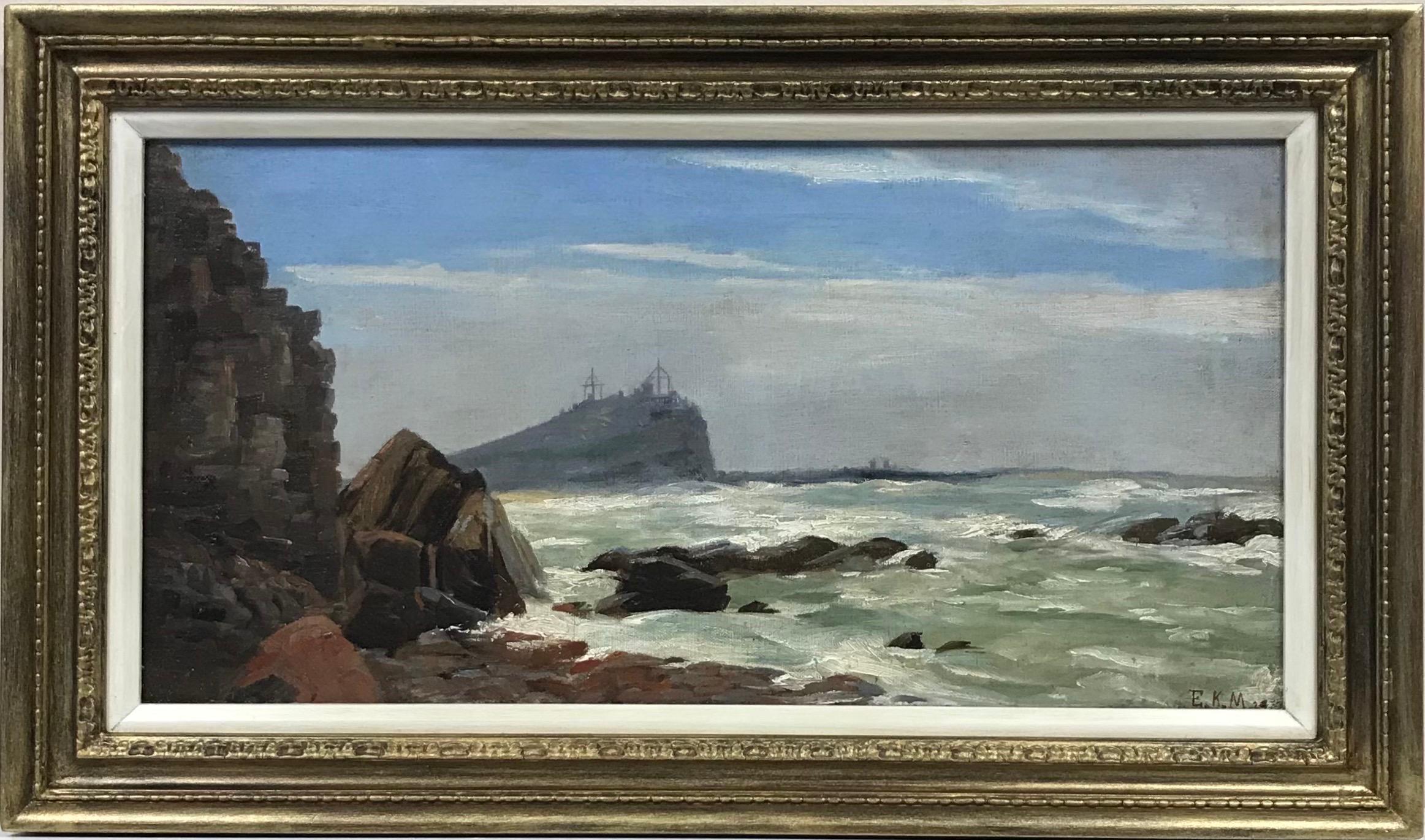 1920's Cornish Landscape Painting - Cornish Coastal Seascape with Tin Mines overlooking Cliffs, signed English Oil