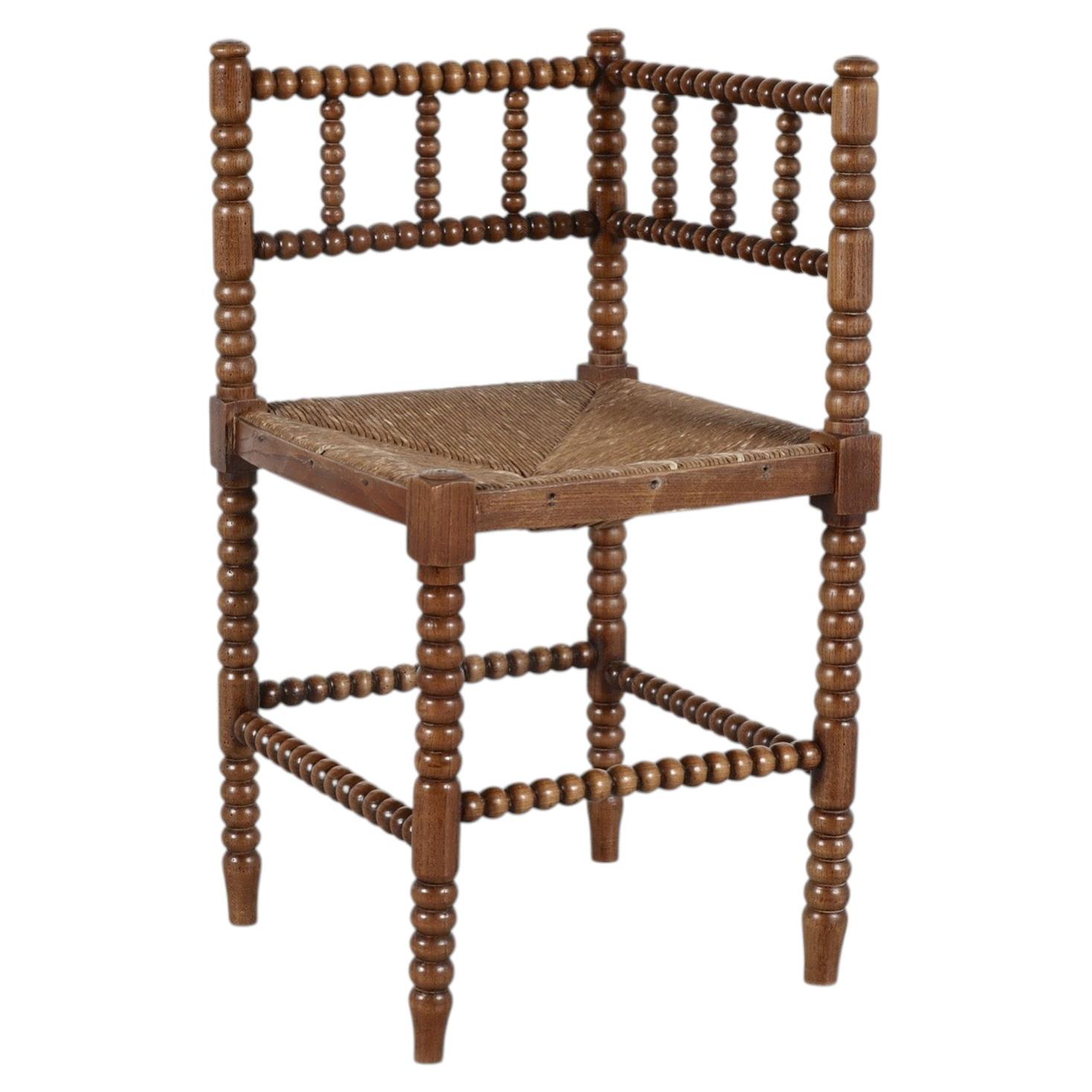 1920s Cottage Style Bobbin Corner Chair with Rush Seat