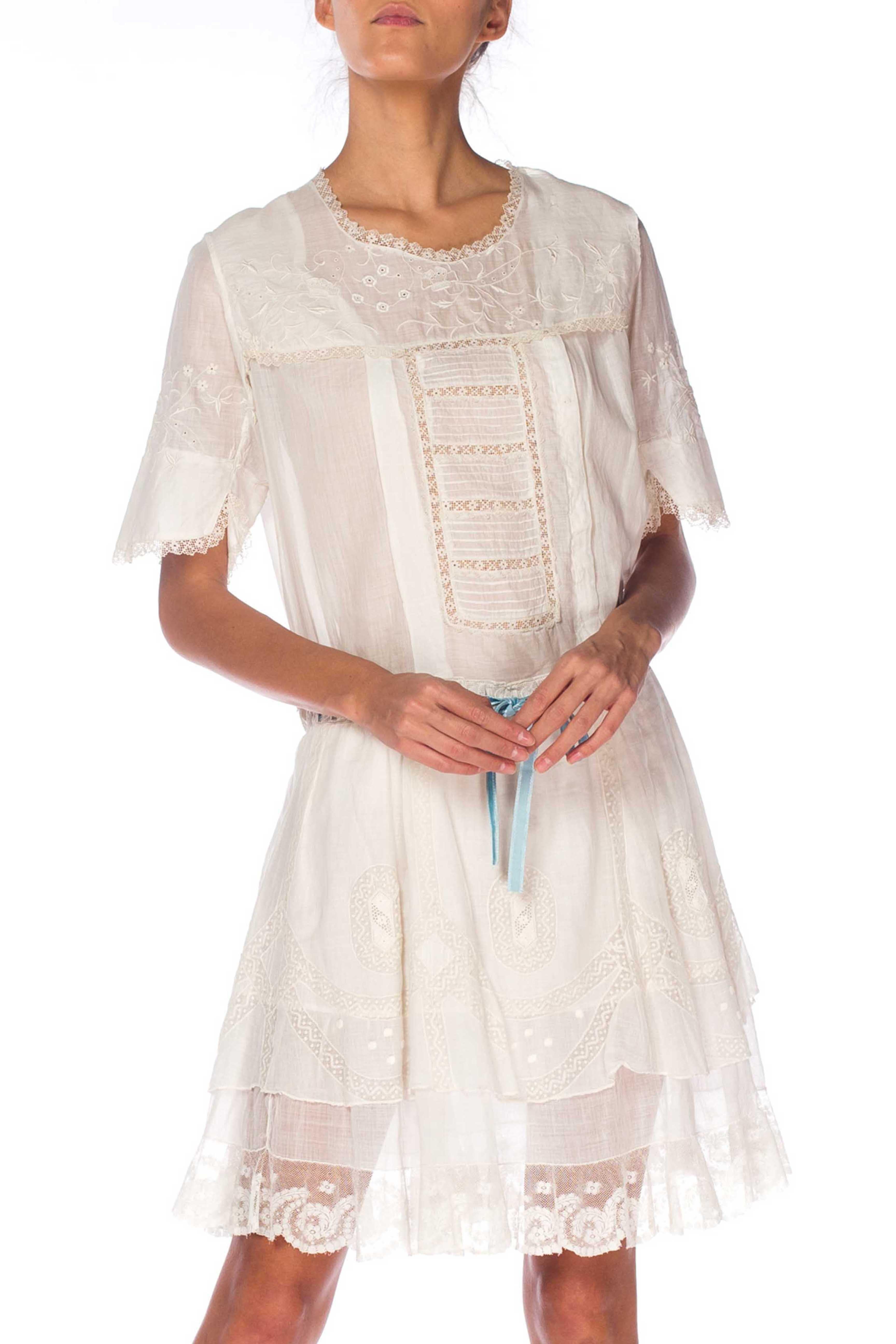 Edwardian White Hand Embroidered Organic Cotton Voile Young Girls Dress With La For Sale 3