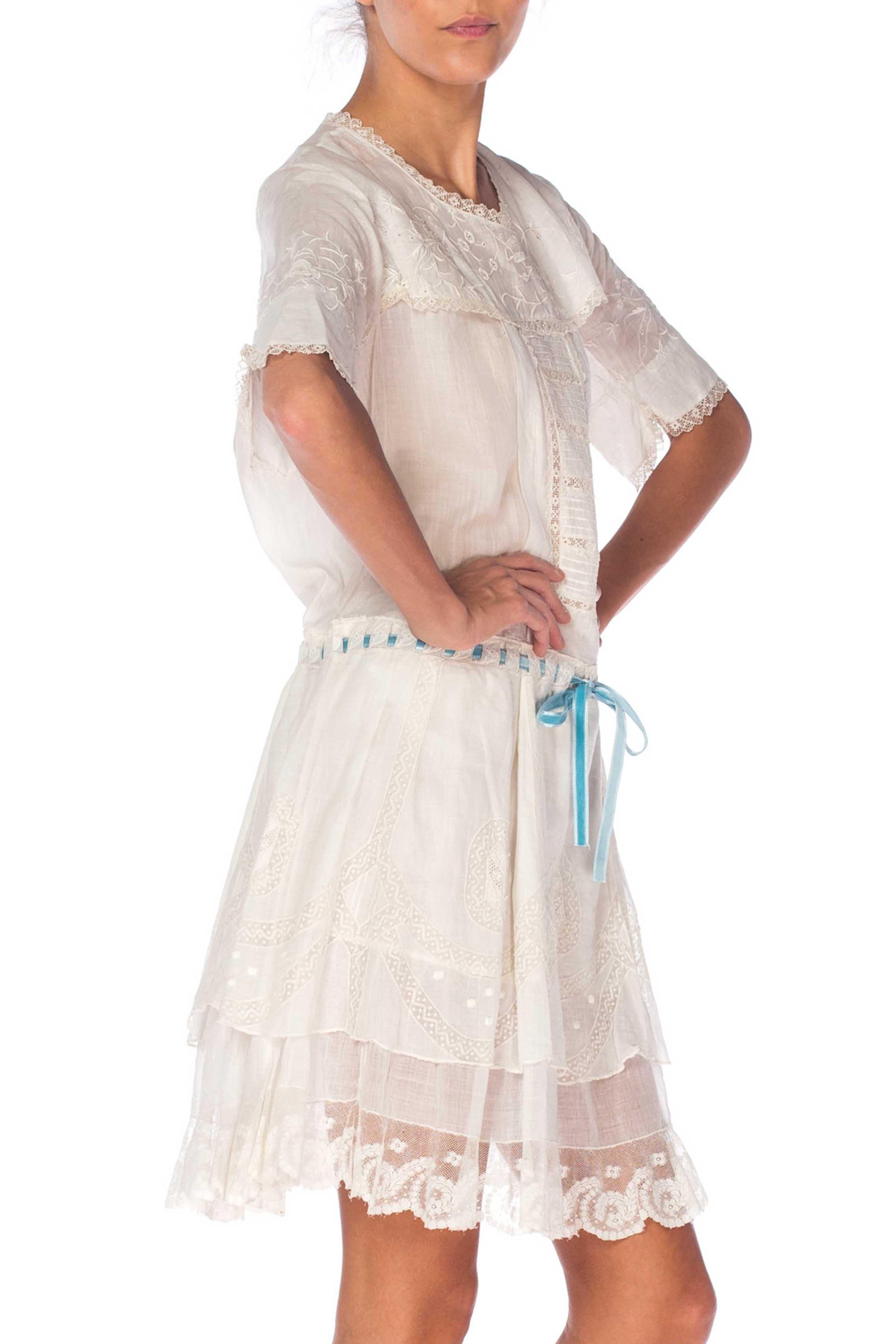 Edwardian White Hand Embroidered Organic Cotton Voile Young Girls Dress With Lace And Ribbon At Waist