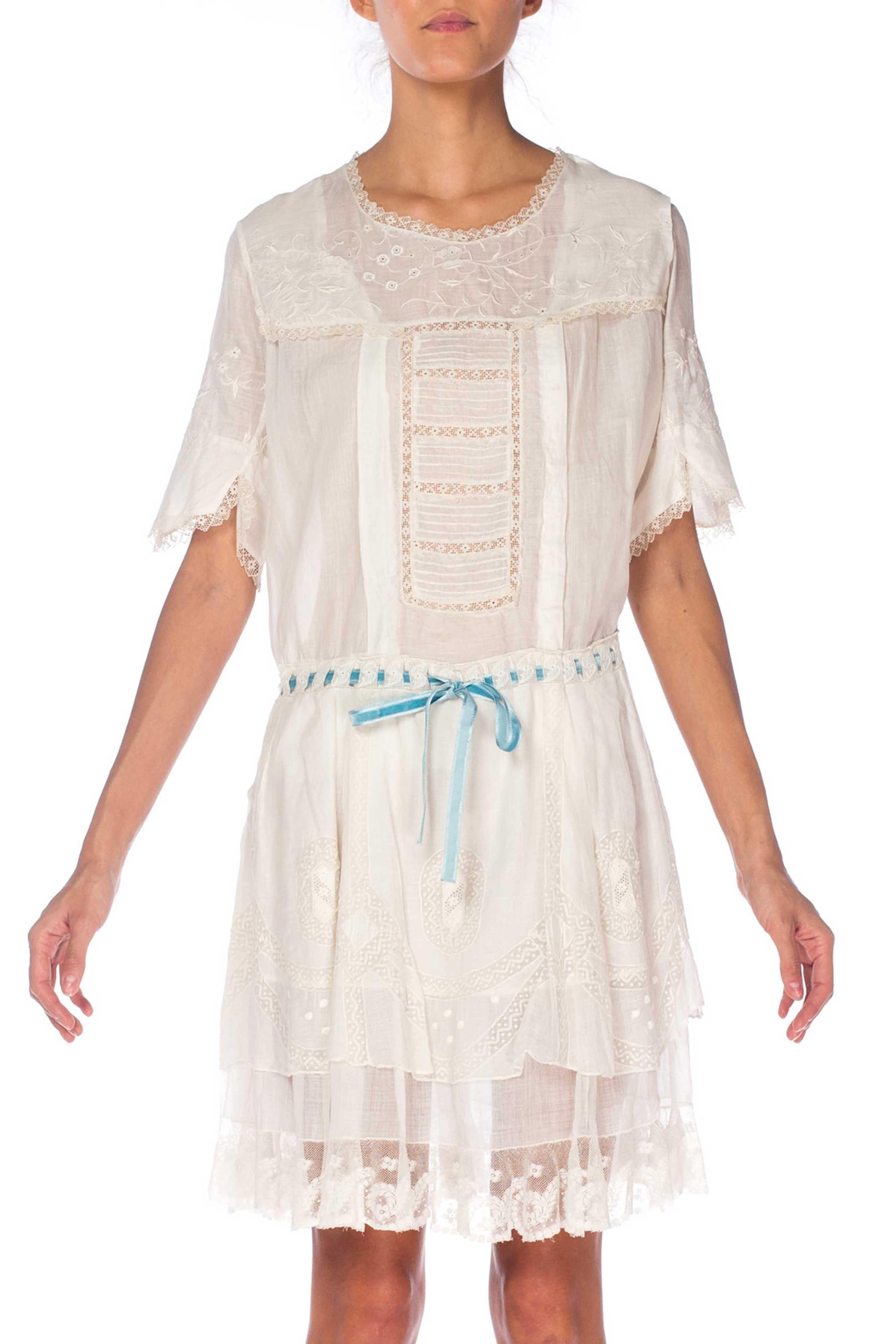 Beige Edwardian White Hand Embroidered Organic Cotton Voile Young Girls Dress With La For Sale