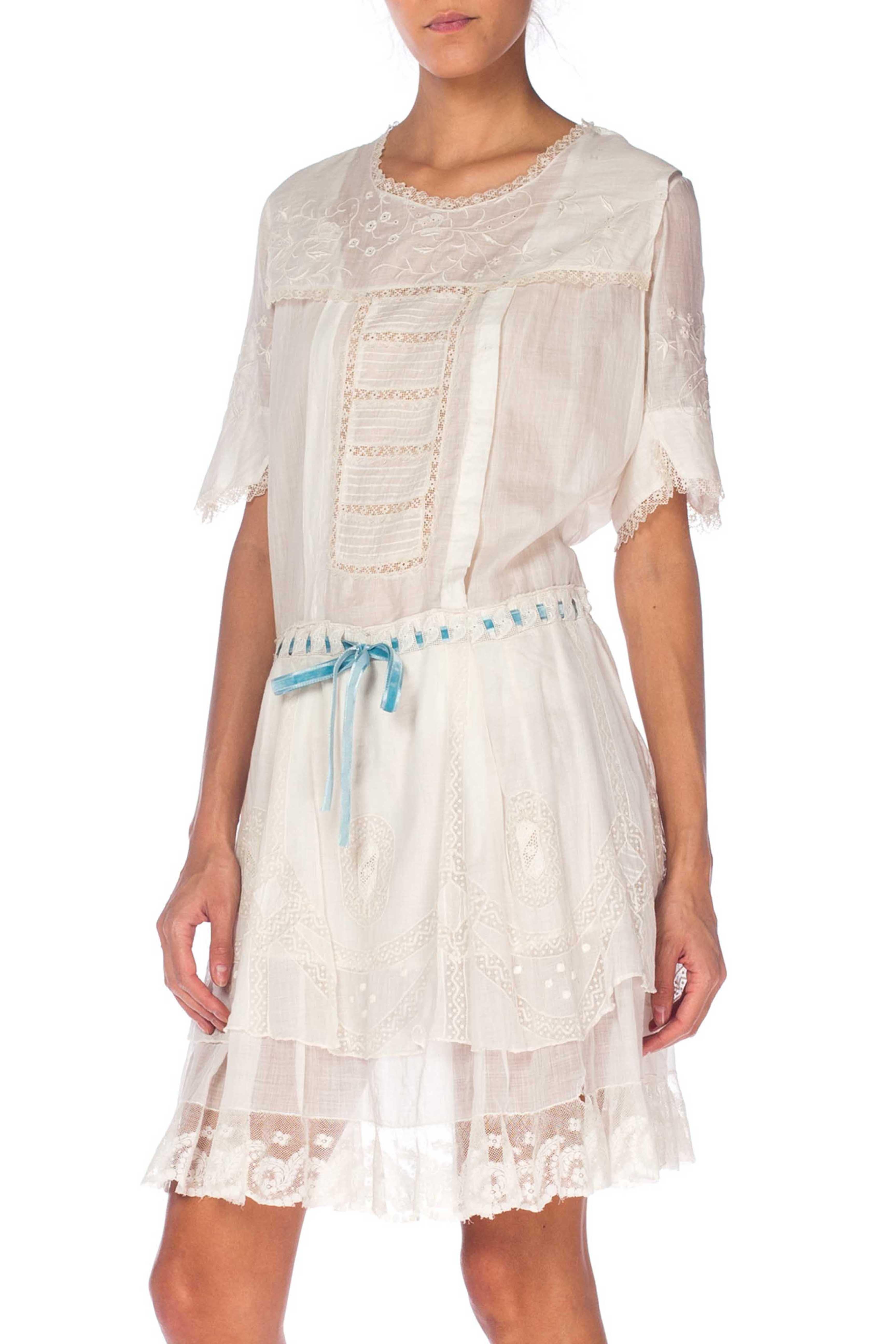 Edwardian White Hand Embroidered Organic Cotton Voile Young Girls Dress With La In Excellent Condition For Sale In New York, NY