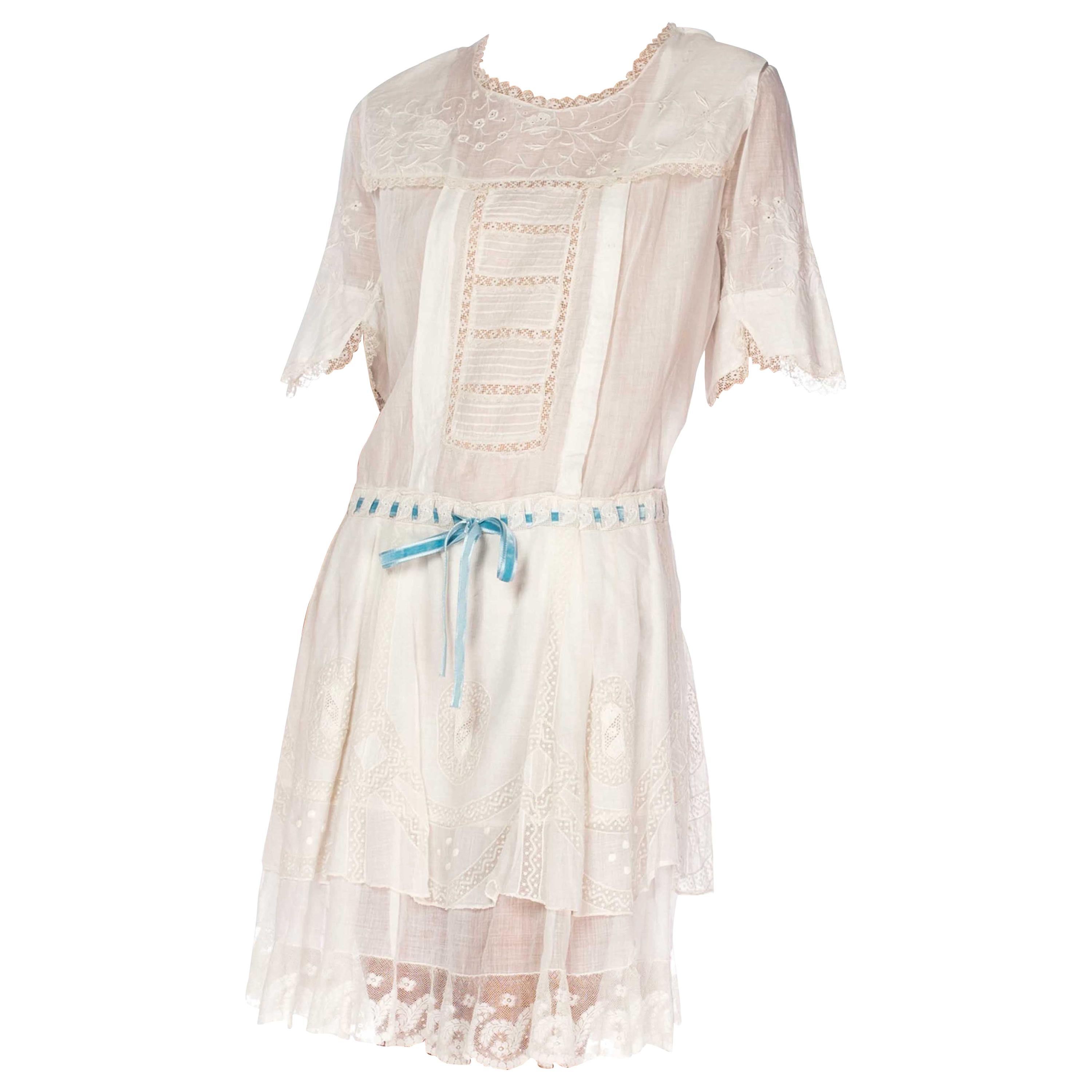 Edwardian White Hand Embroidered Organic Cotton Voile Young Girls Dress With La For Sale