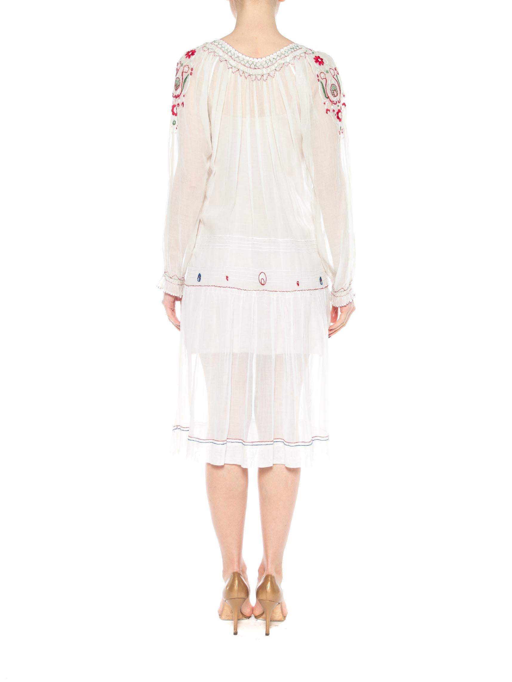 1920S White Cotton Voile Hand Embroidered Long Sleeve Romanian Homespun Dress In Excellent Condition For Sale In New York, NY
