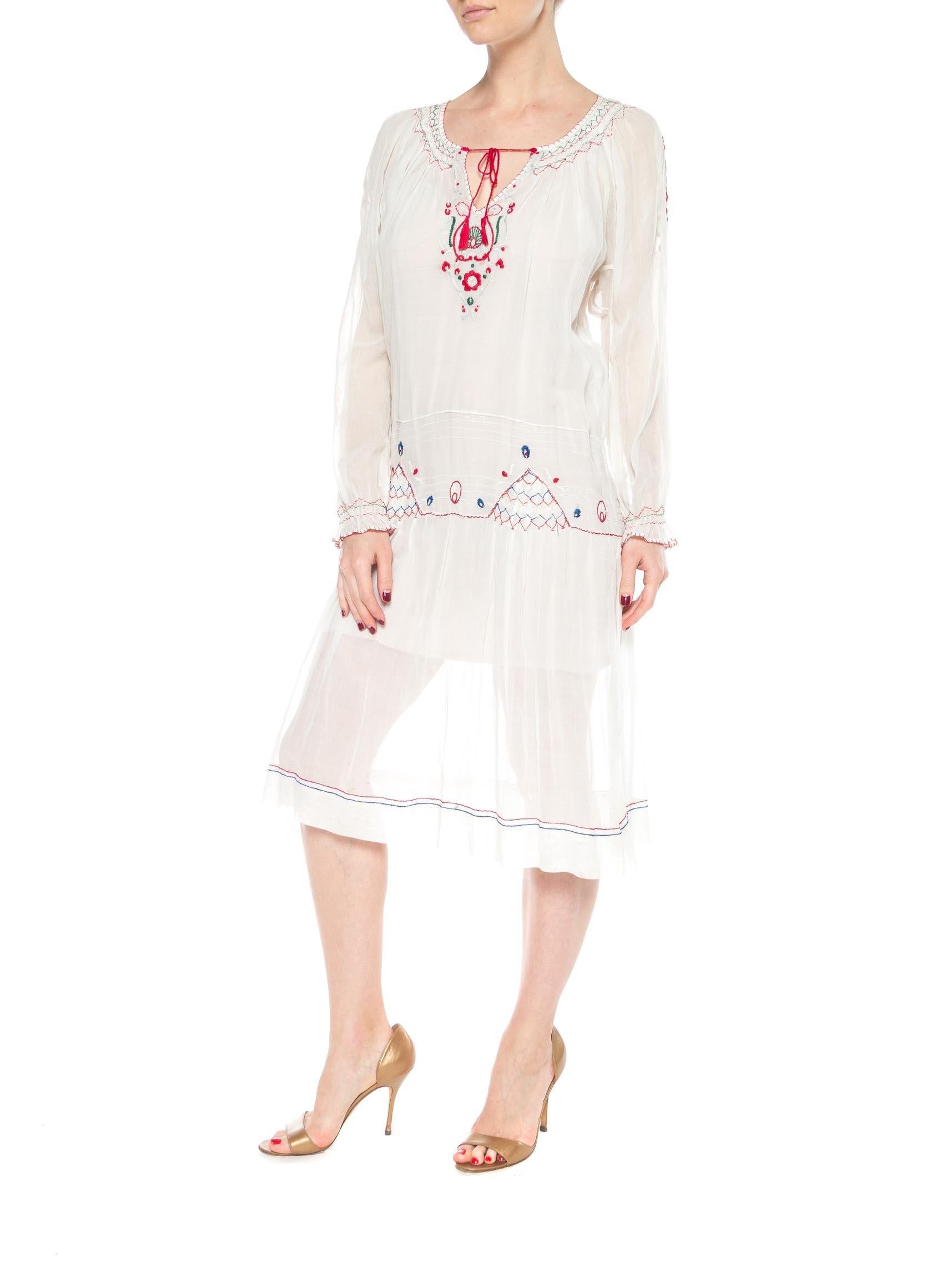 Women's 1920S White Cotton Voile Hand Embroidered Long Sleeve Romanian Homespun Dress For Sale