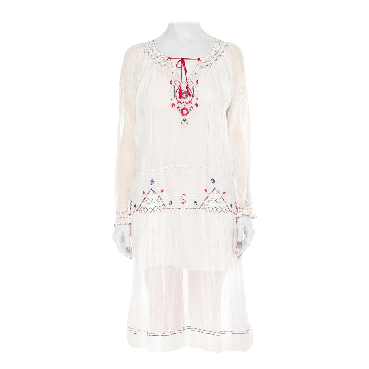 1920S White Cotton Voile Hand Embroidered Long Sleeve Romanian Homespun Dress For Sale