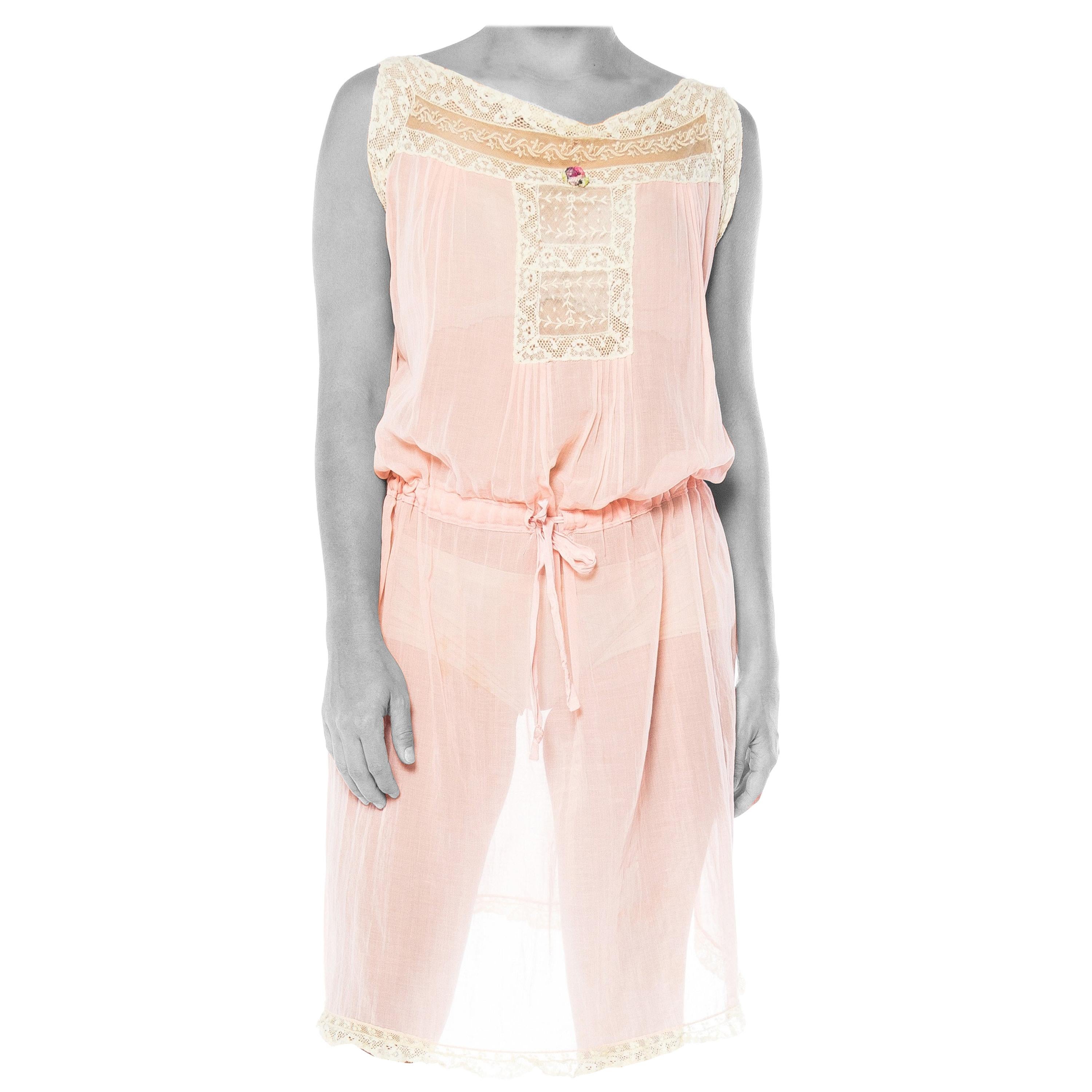 1920S Blush Pink Cotton Voile Drawstring Waist Dress With Antique Lace Neckline
