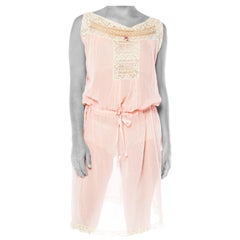 1920S Blush Pink Cotton Voile Drawstring Waist Dress With Antique Lace Neckline