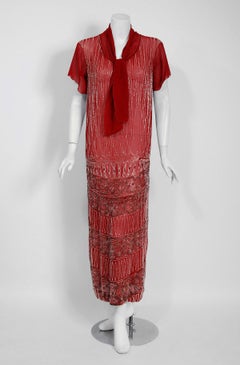 Vintage 1920's Couture Burgundy Red Beaded Sheer Silk Scarf-Tie Flapper Dress