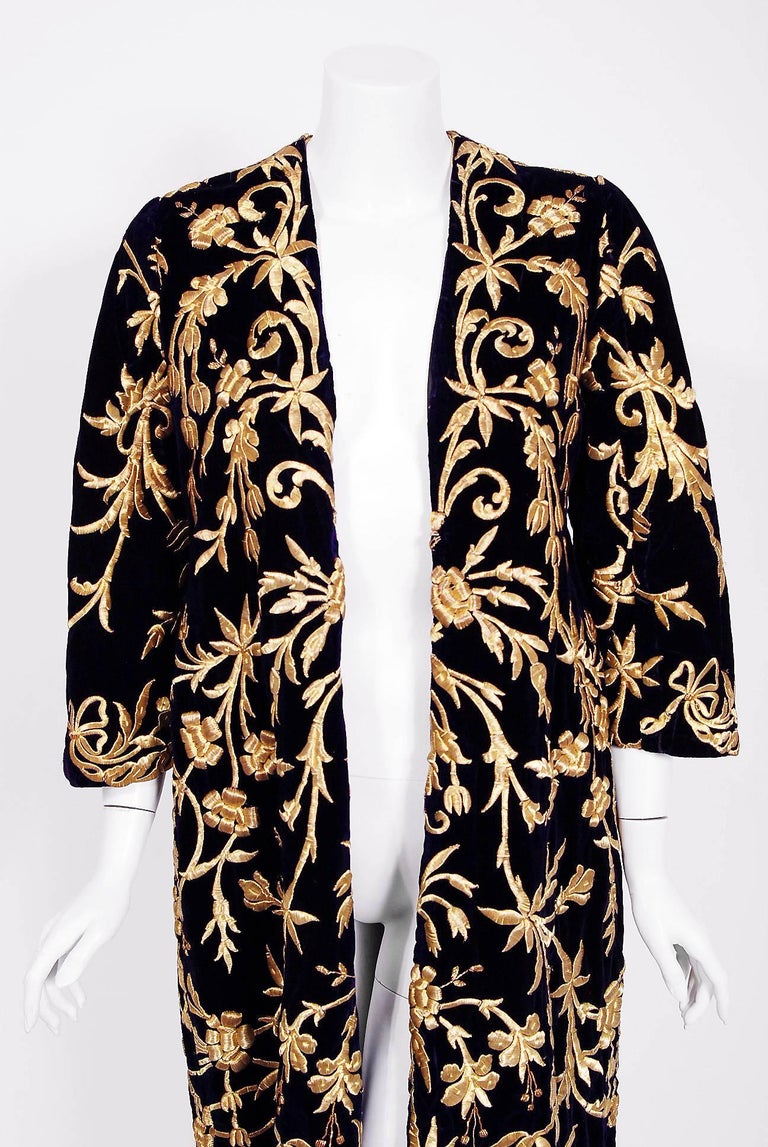 1920's Couture Purple SilkVelvet Embroidered Metallic Gold Bullion