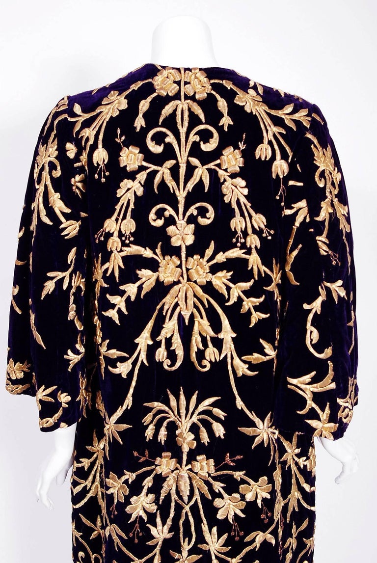 1920's Couture Purple SilkVelvet Embroidered Metallic Gold Bullion