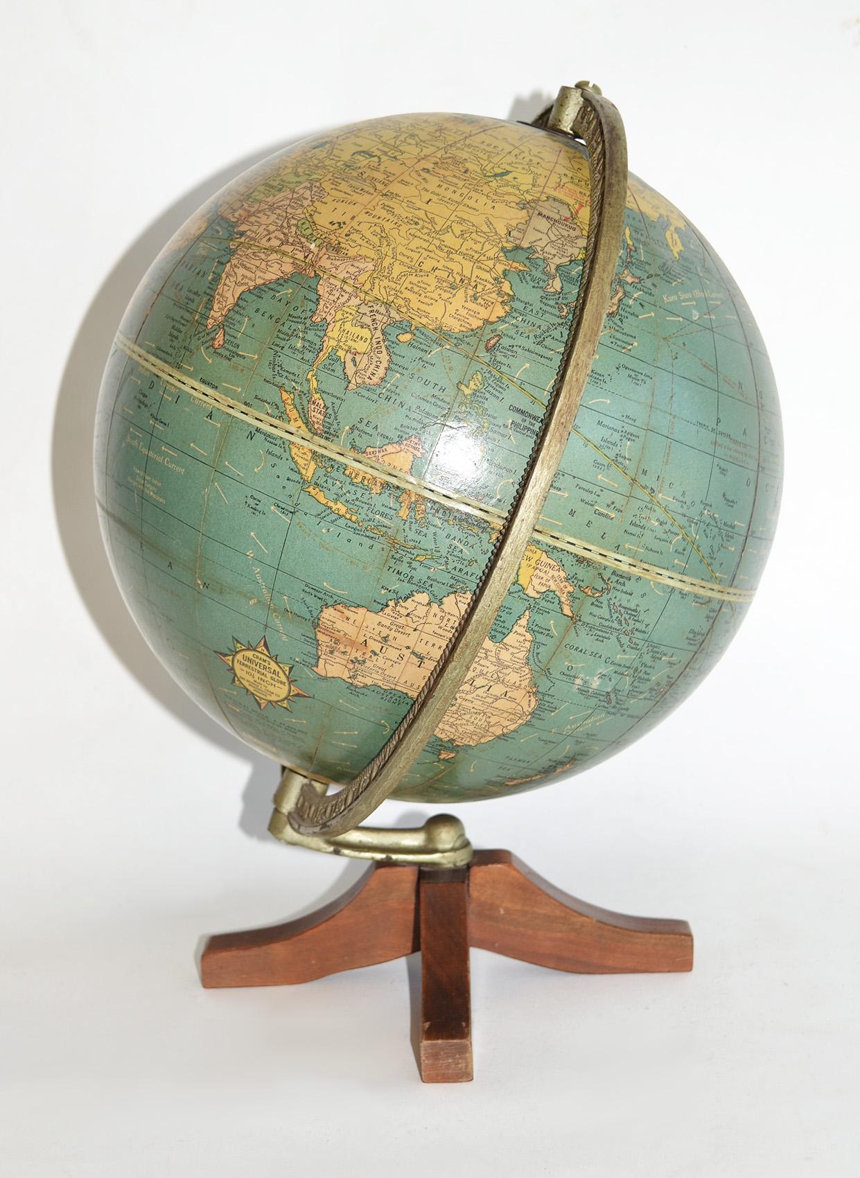 Mid-Century Modern 1920's Cram's Universal Terrestrial Globe 10.5 Inch on Walnut Base