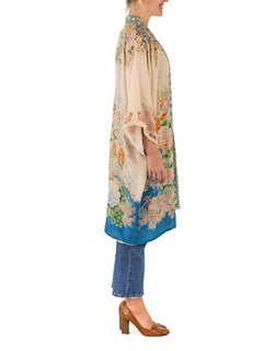 1920S Cream & Blue Silk Lightweight Floral Kimono Dressing Robe